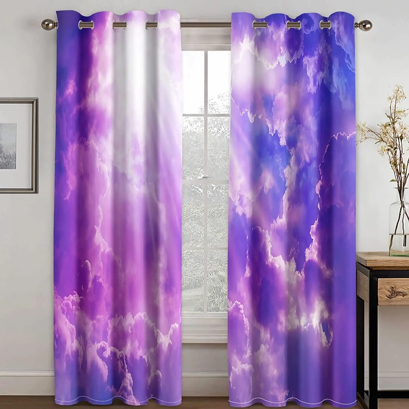 KnSam Rideau Isolation Thermique pour Chambre Salon, 107x214CM x 2PCS, Rideau Imprimé Nuages Ciel Violet