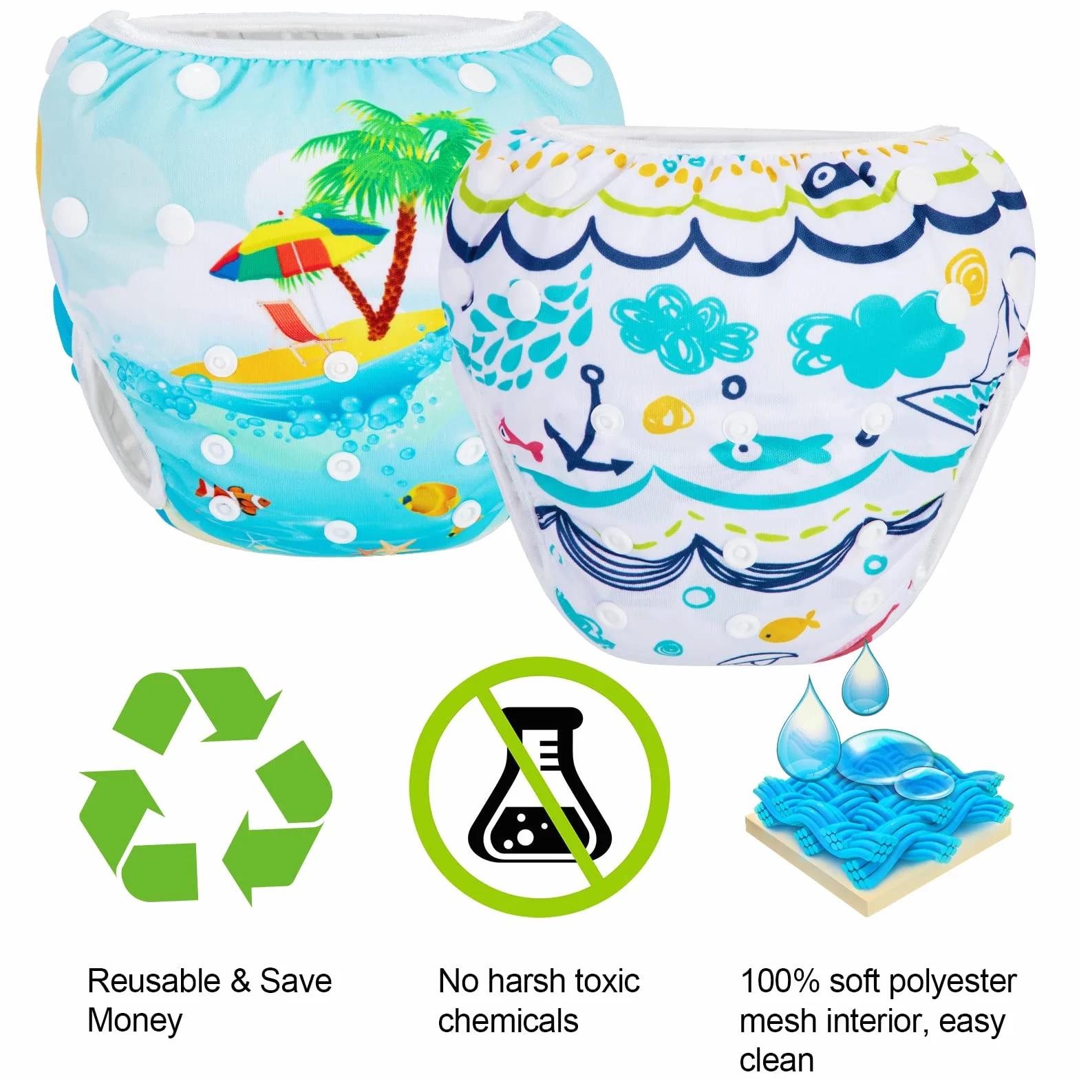 PHOGARY Couche de natation bébé 0-3 ans 2 PCS Maillot de bain réutilisable 3-15kg Plage Baleine