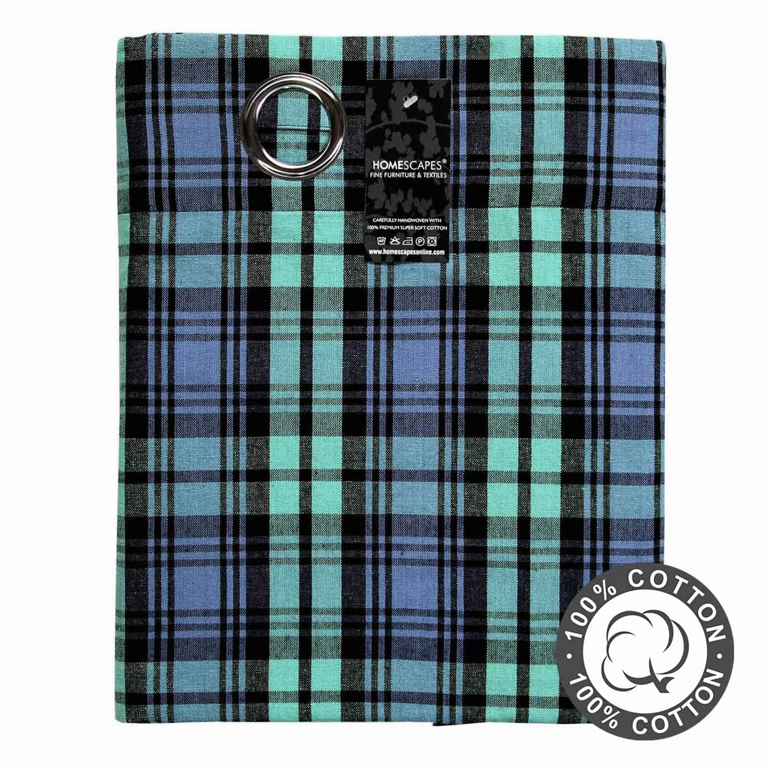 HOMESCAPES – Paire de Rideaux à œillets Bleu Tartan – Blackwatch 137 x 182 cm