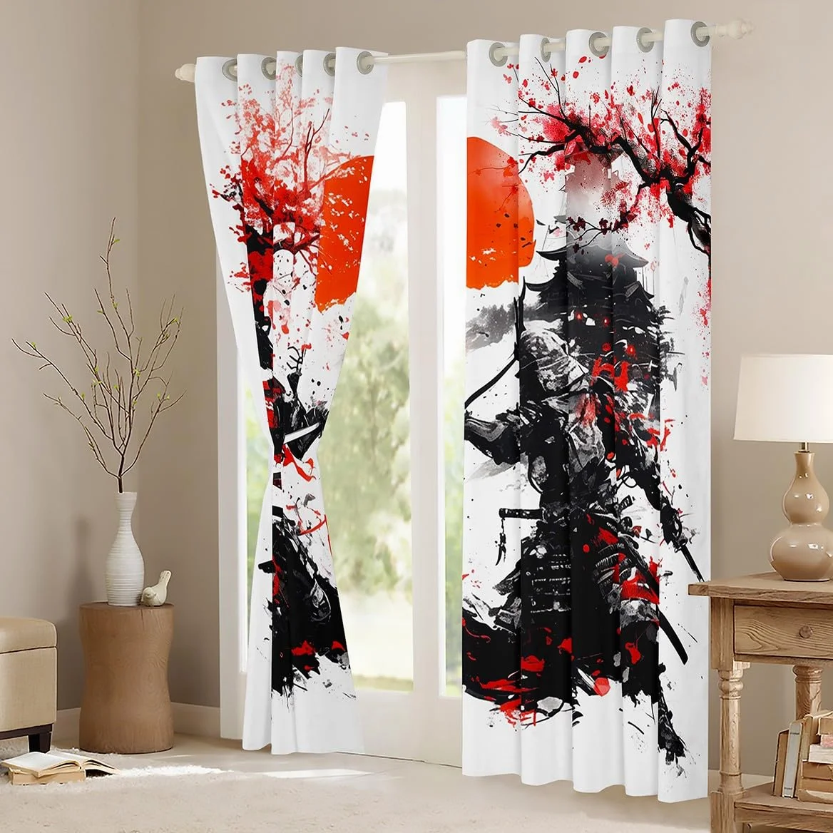 Rideaux de fenêtre samouraï japonais, aquarelle rouge fleurs de cerisier rideaux de décoration d'intérieur, tournesols peinture à l'encre noire, rideaux de fenêtre durables pour enfants