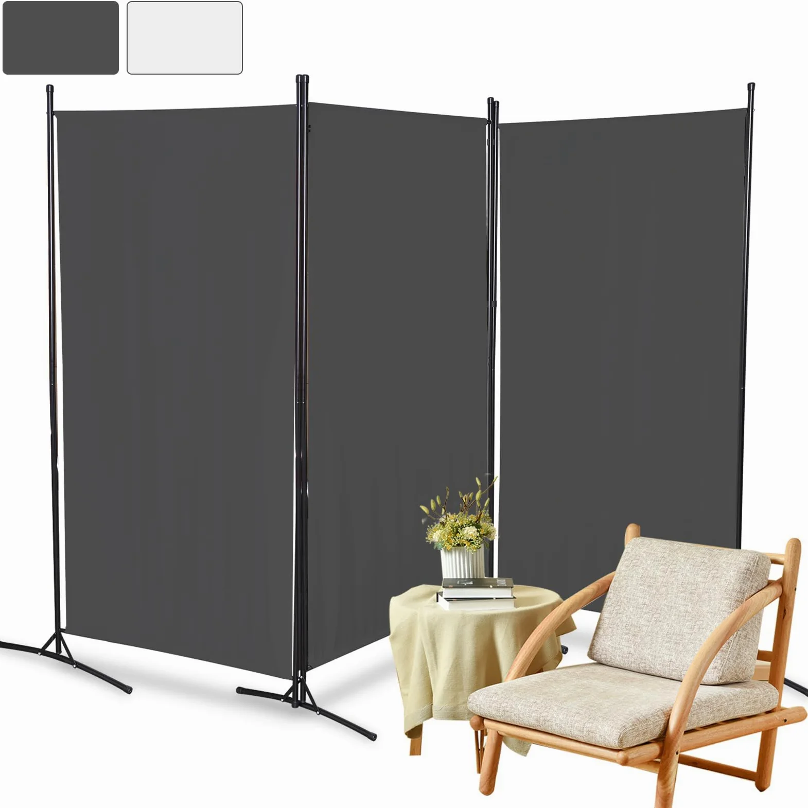 Paravent 3 Panneaux 260 x 180 cm, Brise-Vue Gris Foncé | Paravent autoportant et brise-vue pour intérieur, jardin, balcon, terrasse, bureau, salle de bain et cabine d’essayage.