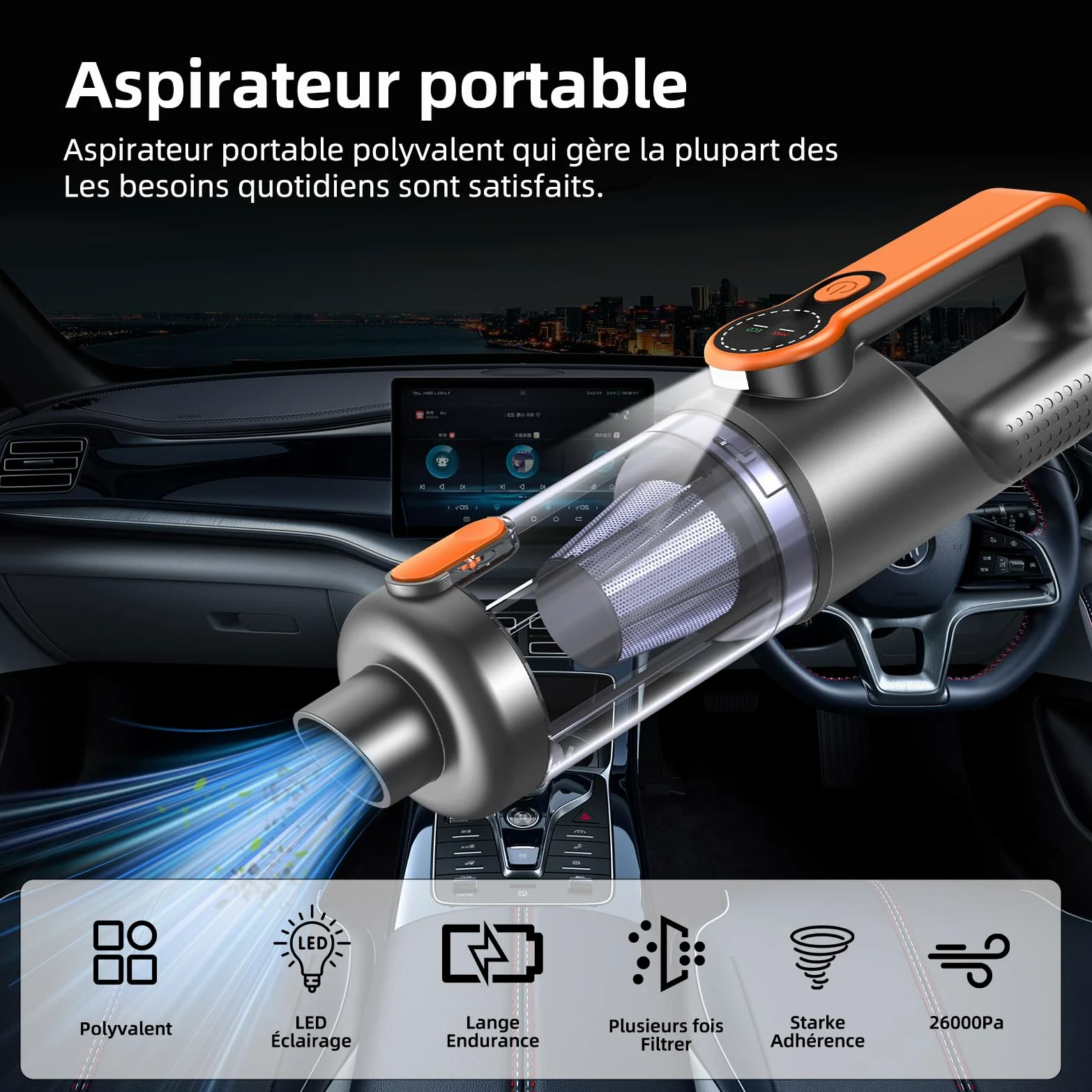 Aspirateur à Main, 26000Pa 4-in-1 Aspirateur sans Fil Puissant, Dépoussiérage par One Pression, Moteur sans Balais, écran HD et Lumière LED, Mini Aspirateur Voiture pour Maison/Bureau/Voiture, Orange