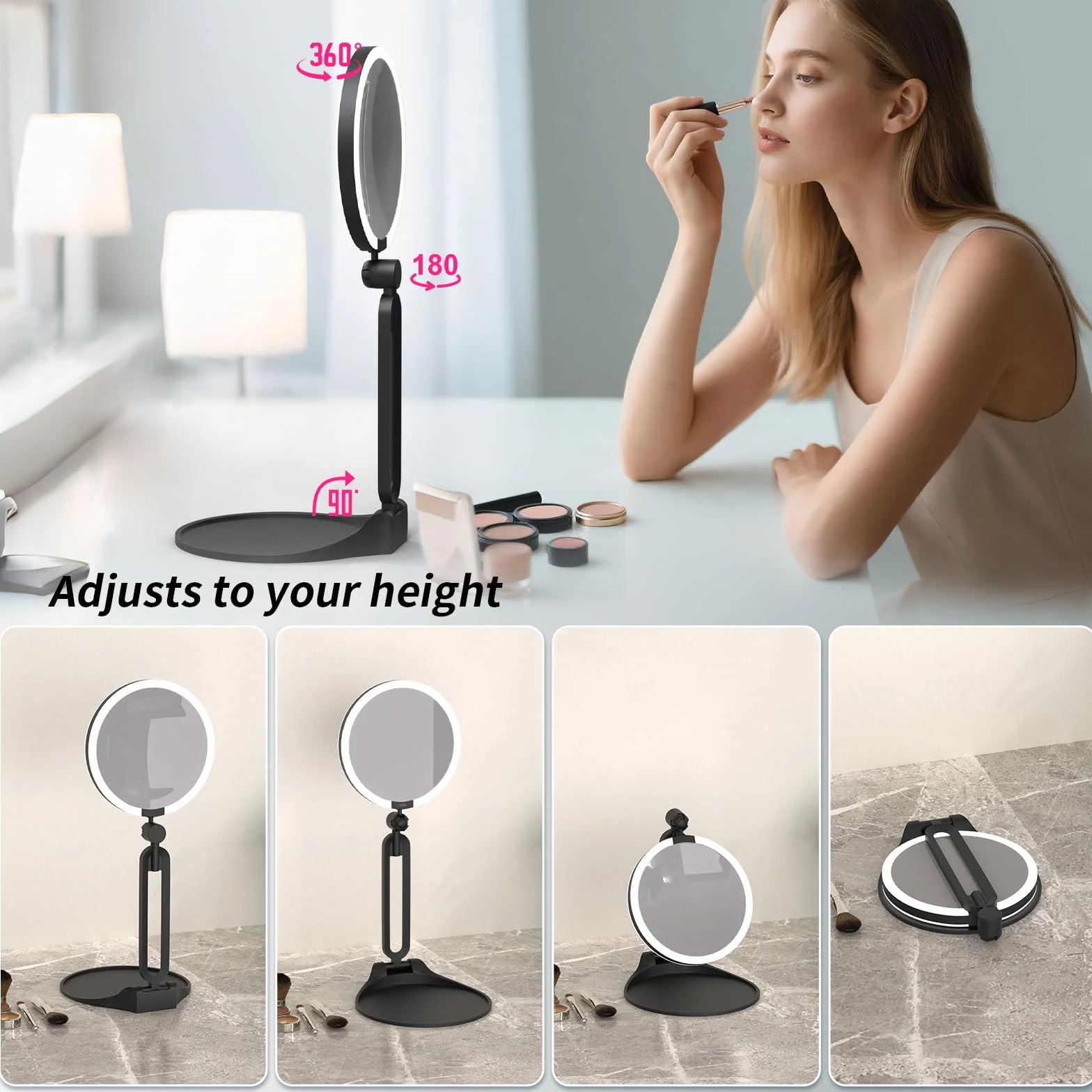 Miroir grossissant avec éclairage 40X/1X, voyage maquillage, double face 15 cm, rechargeable, pliable, pivotant 360°