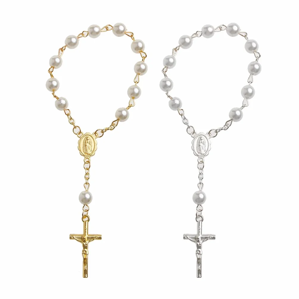 Baptême Mini Chapelet Ivoire Faux Perles Bracelet Croix
