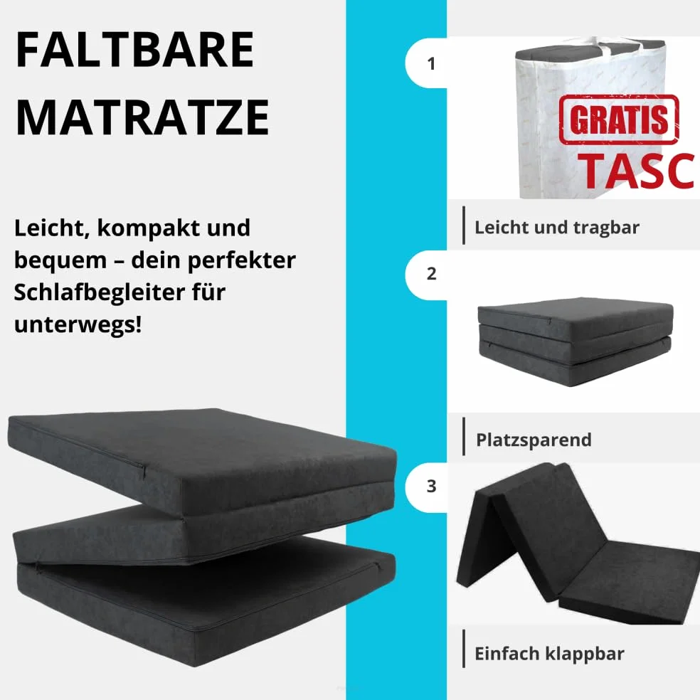 FORTISLINE Matelas Pliant 180 x 65 x 7 cm – Matelas d’Appoint en Mousse 3 Parties avec Housse Lavable – Matelas de Voyage et Camping – Fabriqué dans l’UE