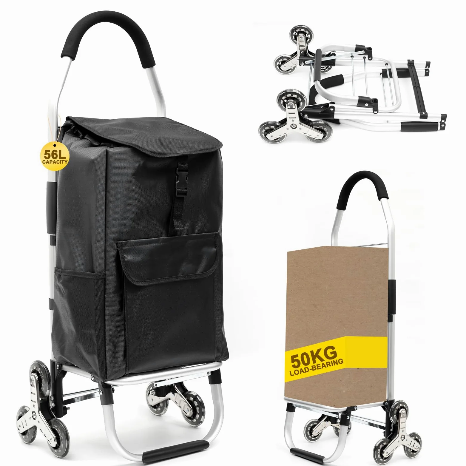 Chariot De Courses Pliable Amovible 6 Roues (56 L),Chariot de Rangement à roulettes avec Sacs de Courses Imperméable et Cordon élastique Ajustable,Chariot à roulettes Escalier,Noir
