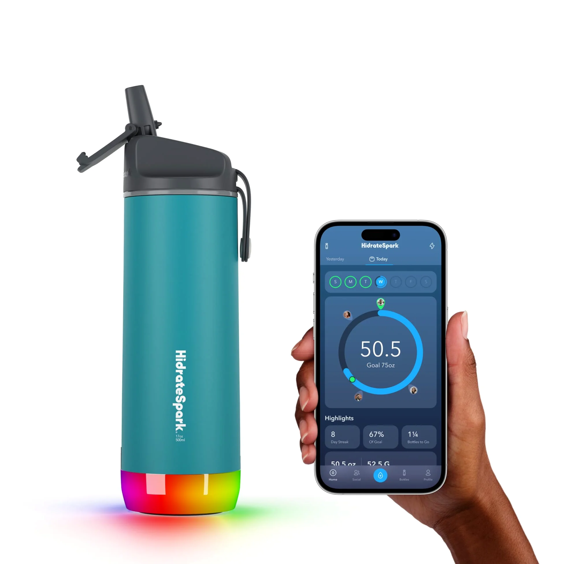 Hidrate Spark - Bouteille d'eau Intelligente en Acier, Suit la consommation d'eau et s'illumine pour Vous rappeler de Vous hydrater, Couvercle avec Paille, 503 ml, Verre de mer