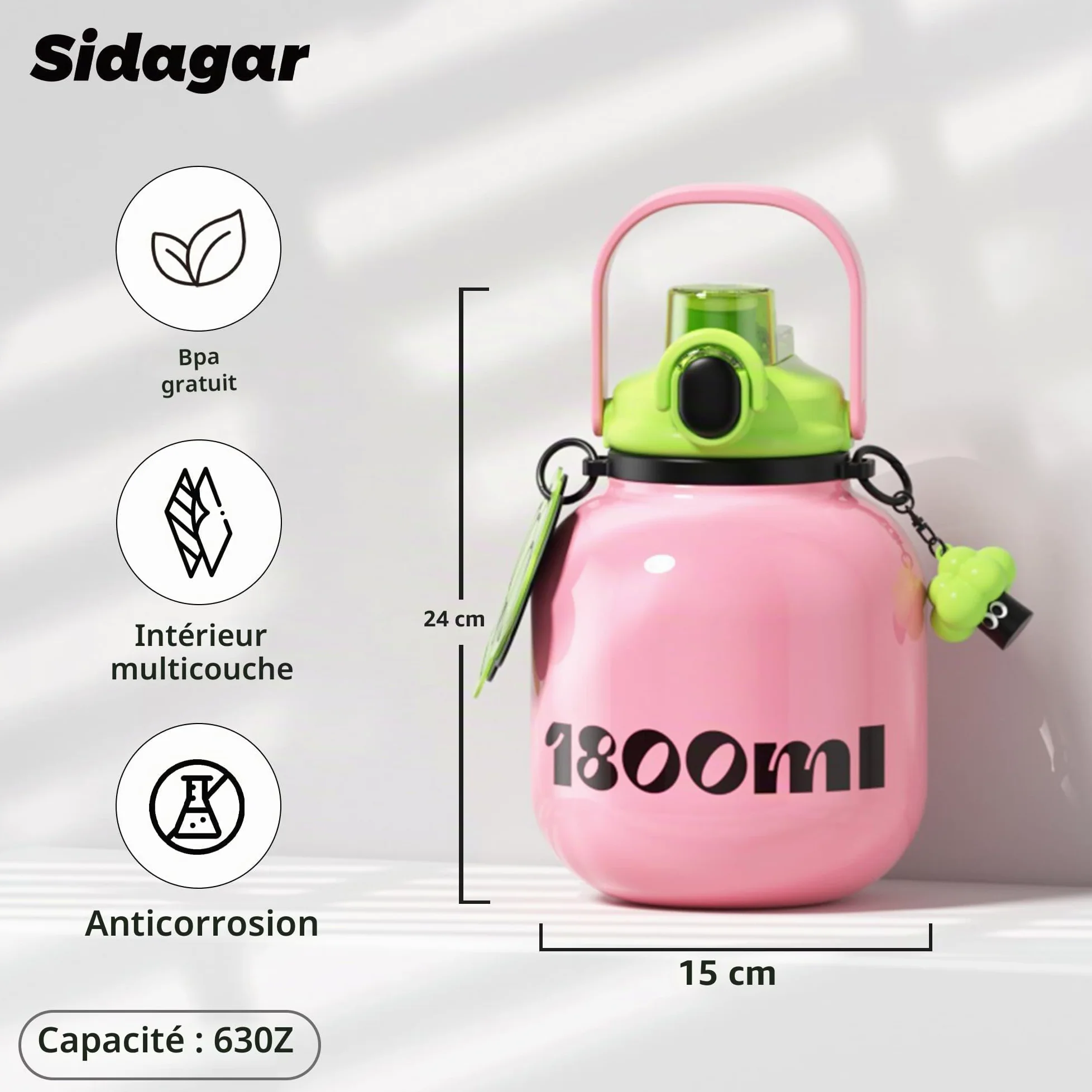 Gourde Isotherme 1,8L avec Paille et Poignée, Bouteille d’Eau Inox avec Bandoulière, Grande Capacité, Anti Fuite, Idéale Sport, Bureau et Déplacements, Rose Poudré
