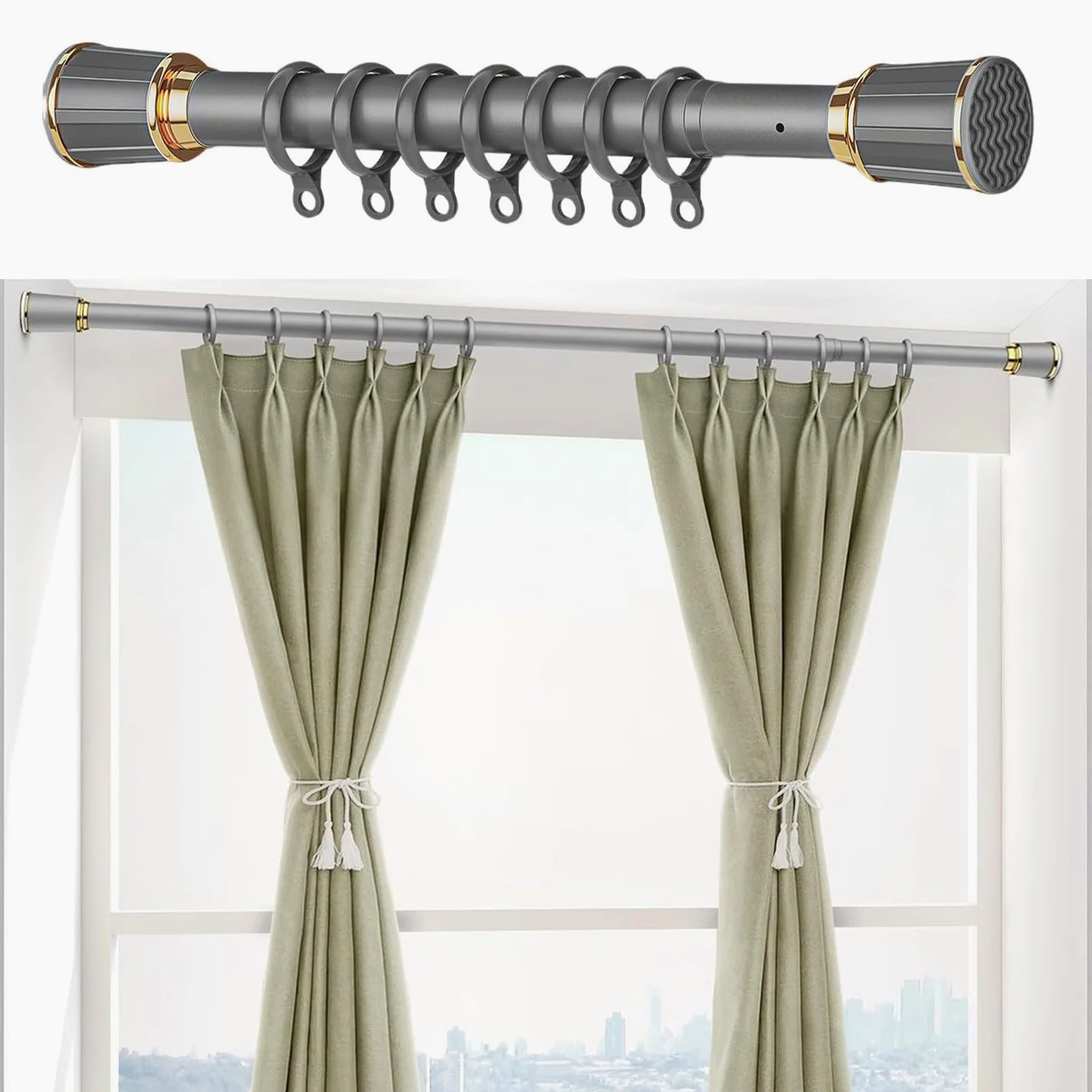 Tringle À Rideau De Douche Extensible, Tringle À Rideau Télescopique 40–500cm, sans Perçage, pour Baignoire, Barre De Placard, Douche, Rideau 110-190 cm / 43.3-74.8 in Gris