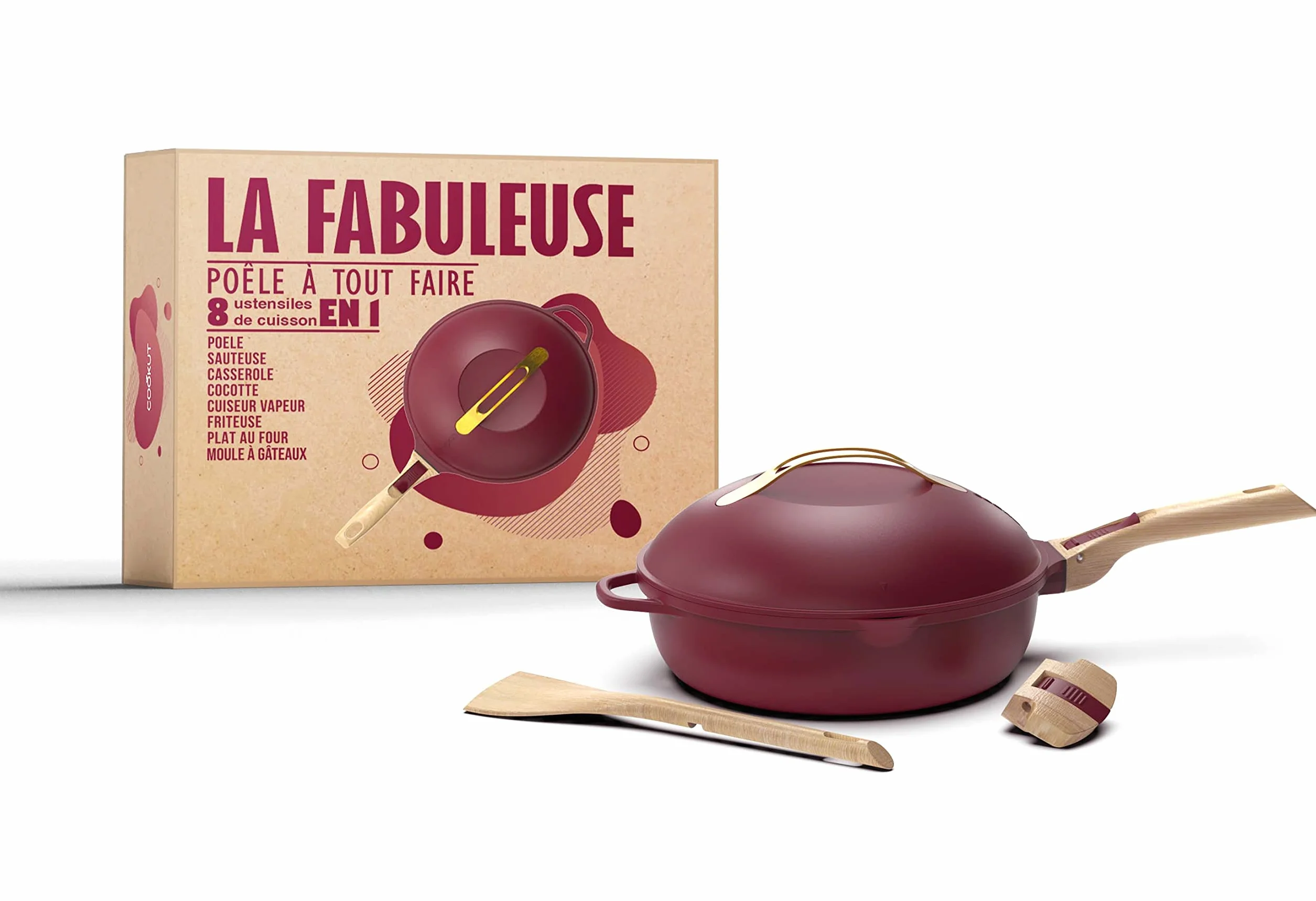 COOKUT La Fabuleuse poêle 8 en 1 - ustensile multifonction avec poignées amovibles, panier vapeur, spatule en bois RUBIS