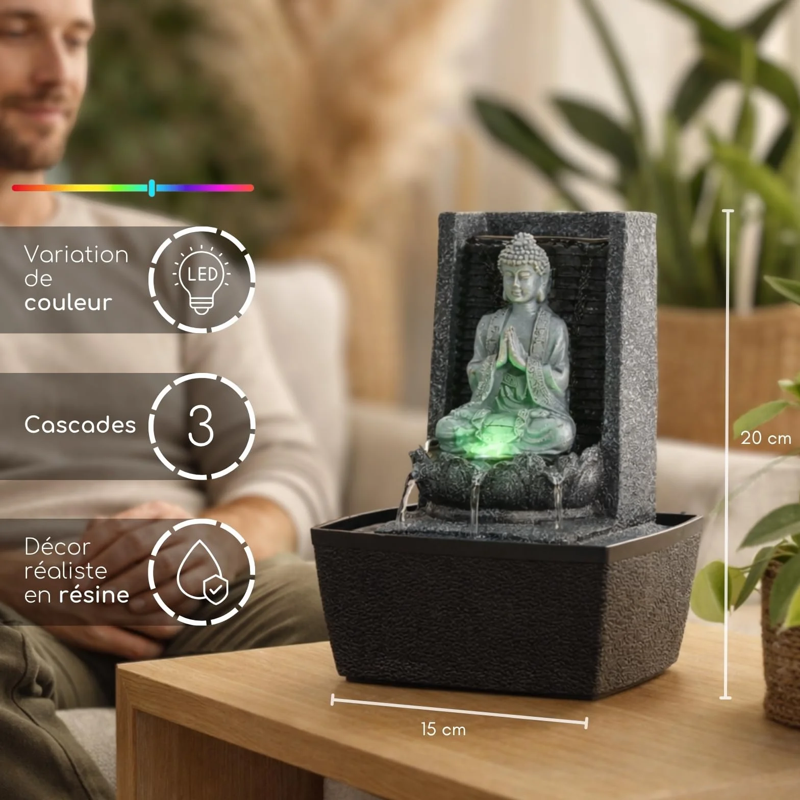 Fontaine d'Intérieur Bouddha Mur d'Eau Cascade Lotus Lumière LED Blanc Déco Zen Salon Chambre Feng Shui H 26cm
