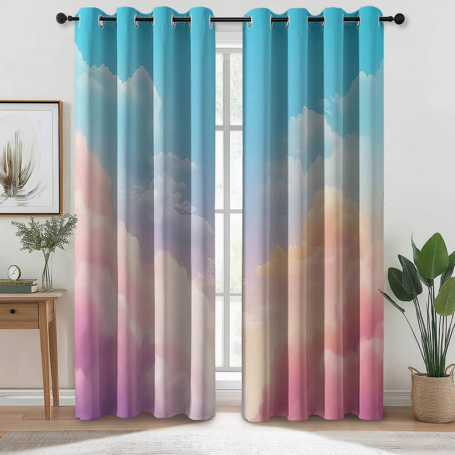 Décoration Nuages Oniriques Ciel, Rideaux Longs 140L X 260H cm (2 Panneaux), Tissu Occultant Thermique pour Baie Vitrée, Rose Bleu