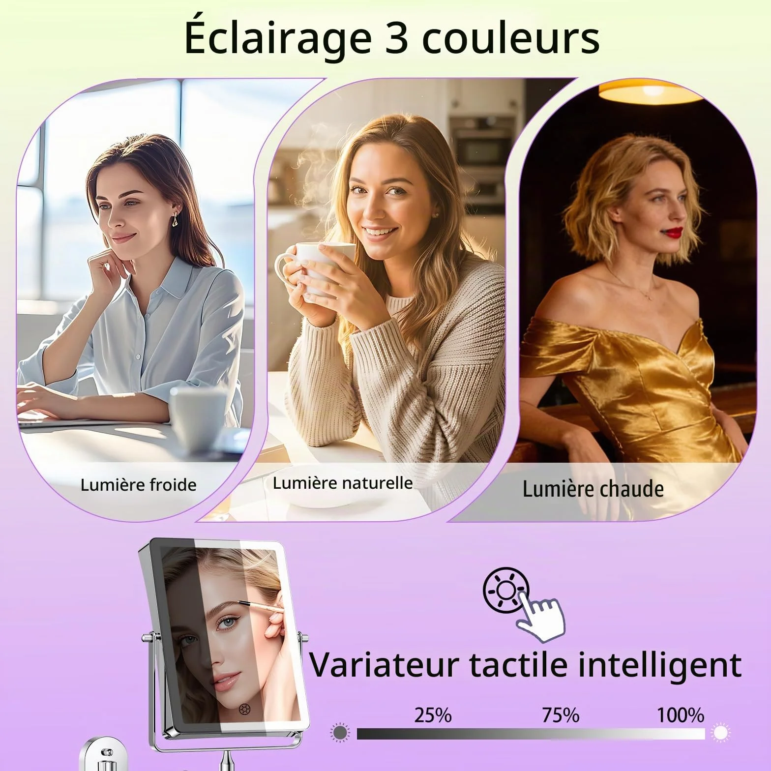 Famihomii Miroir Maquillage Lumineux Rechargeable 5000mAh 8,7" Double Usage 1X/30X Grossissement Mural 3 Températures de Lumière Pivotant 360° Chrome
