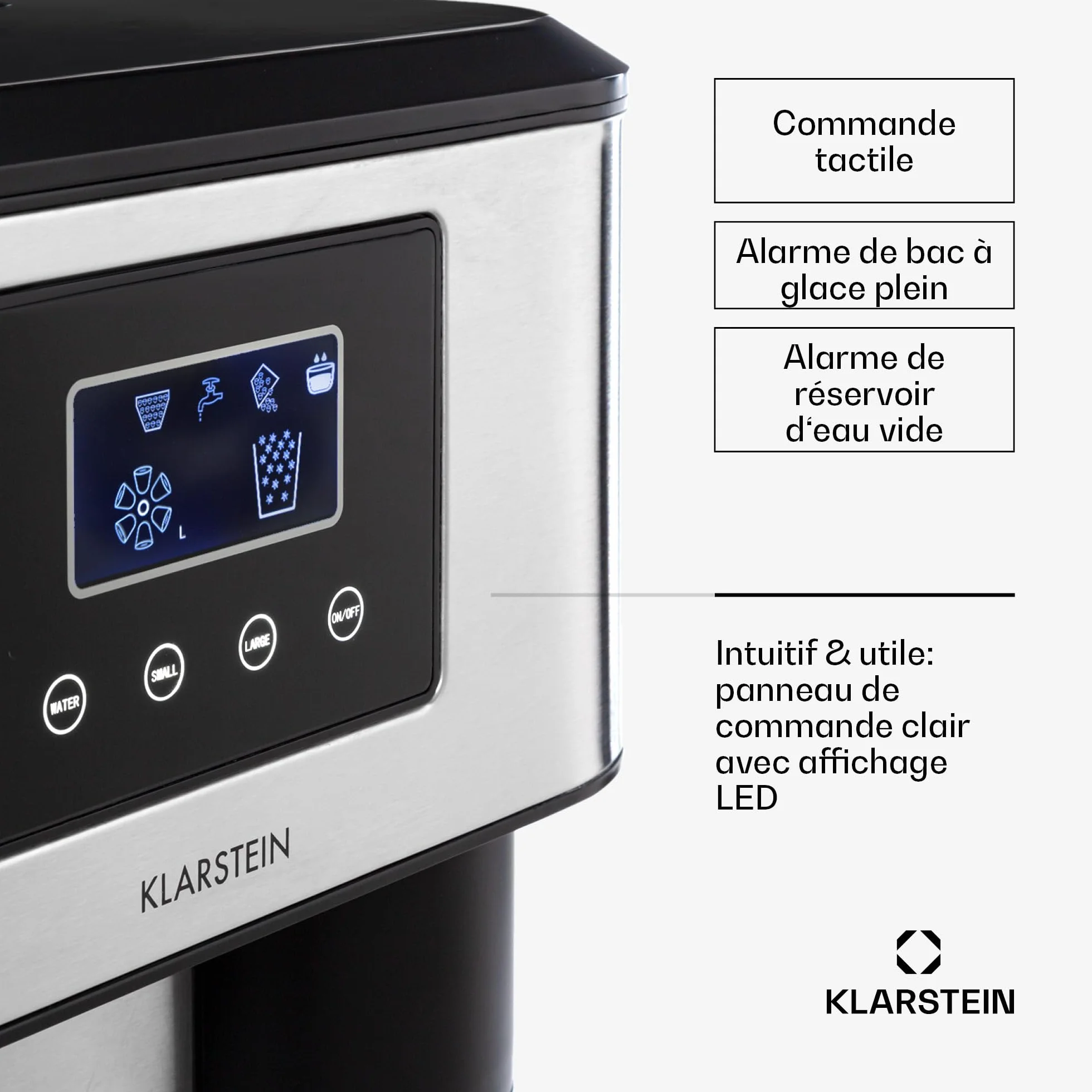 Klarstein Machine à Glaçons 1.8L, 15kg/24h, Ice Maker avec Alarme