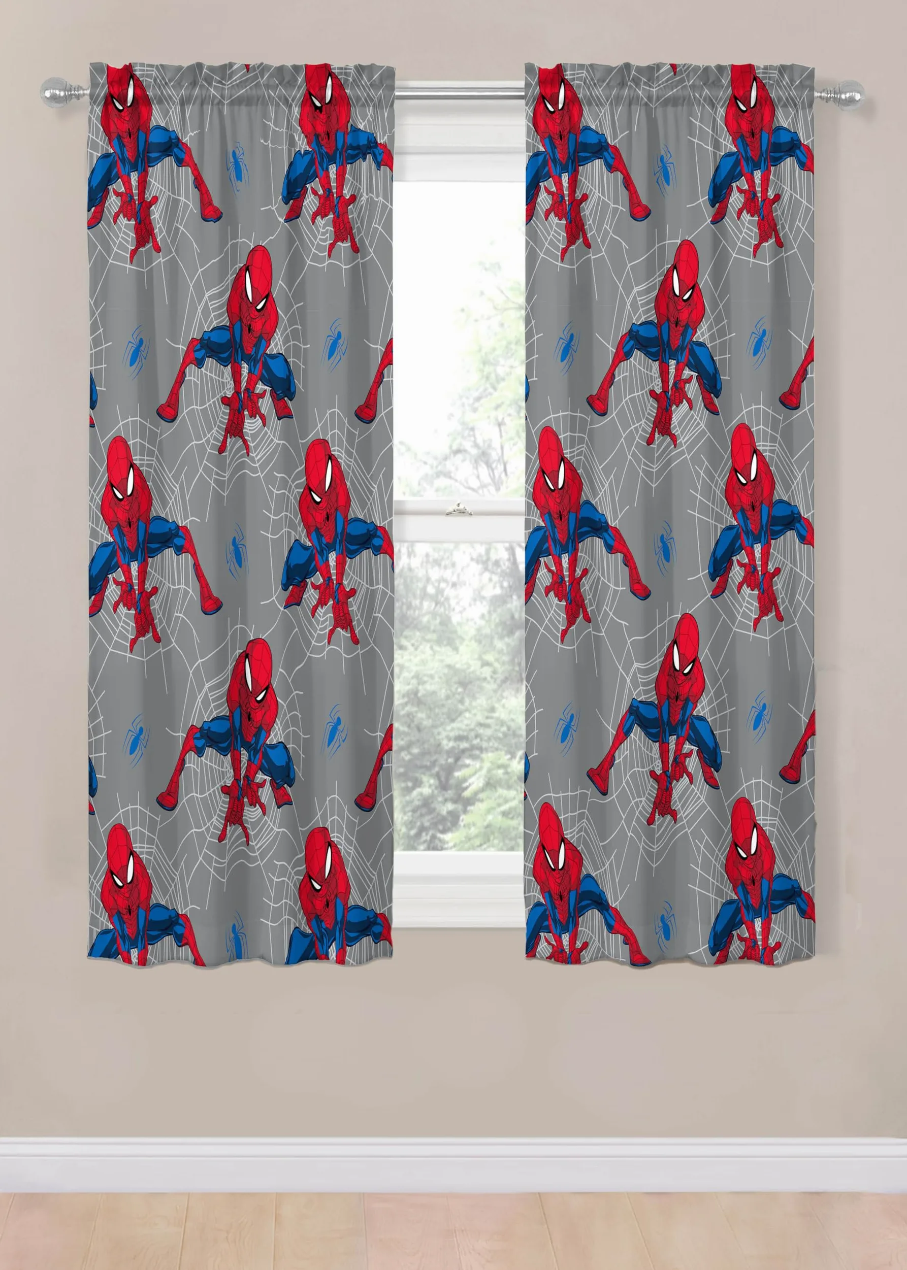 Jay Franco Lot de 2 rideaux de fenêtre pour chambre d'enfant avec 2 embrasses, gris – Spiderman, 106,7 cm de large x 160 cm de long