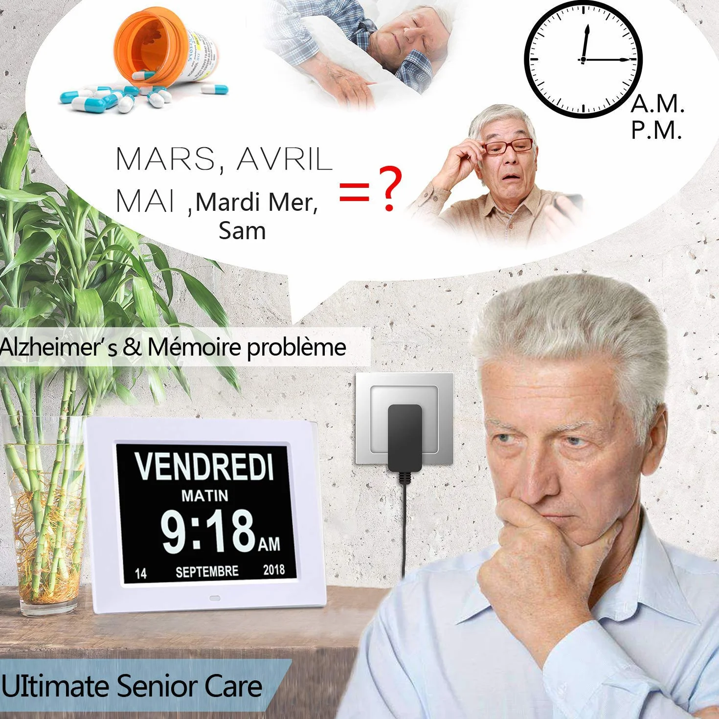 LCD Horloge Numérique 8" Calendrier Date Jour Heure Alzheimer Senior Blanc