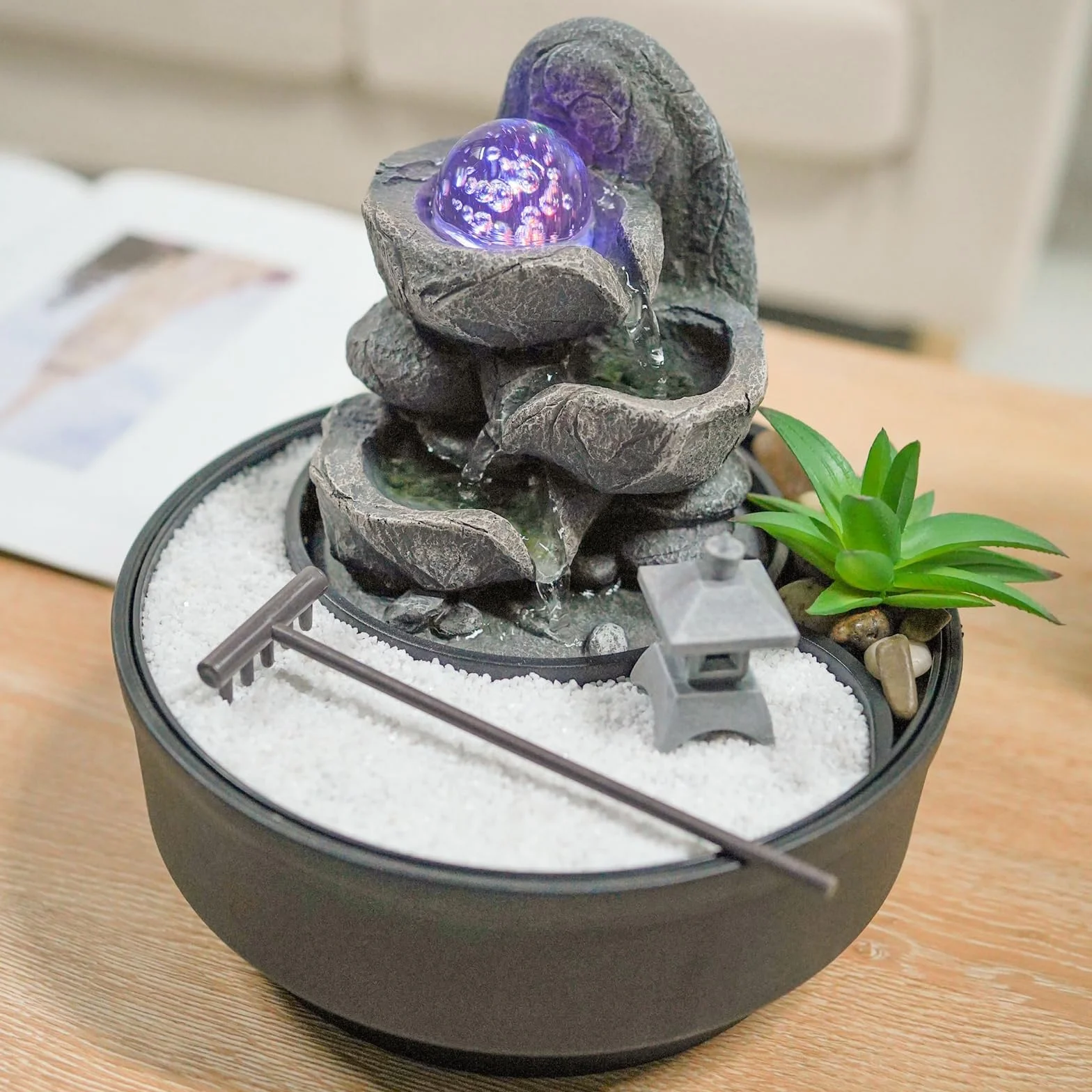 Fontaine d'Intérieur Jardin Zen, Boule de Verre Lumineuse LED Coloré, Circuit Fermé H21 cm