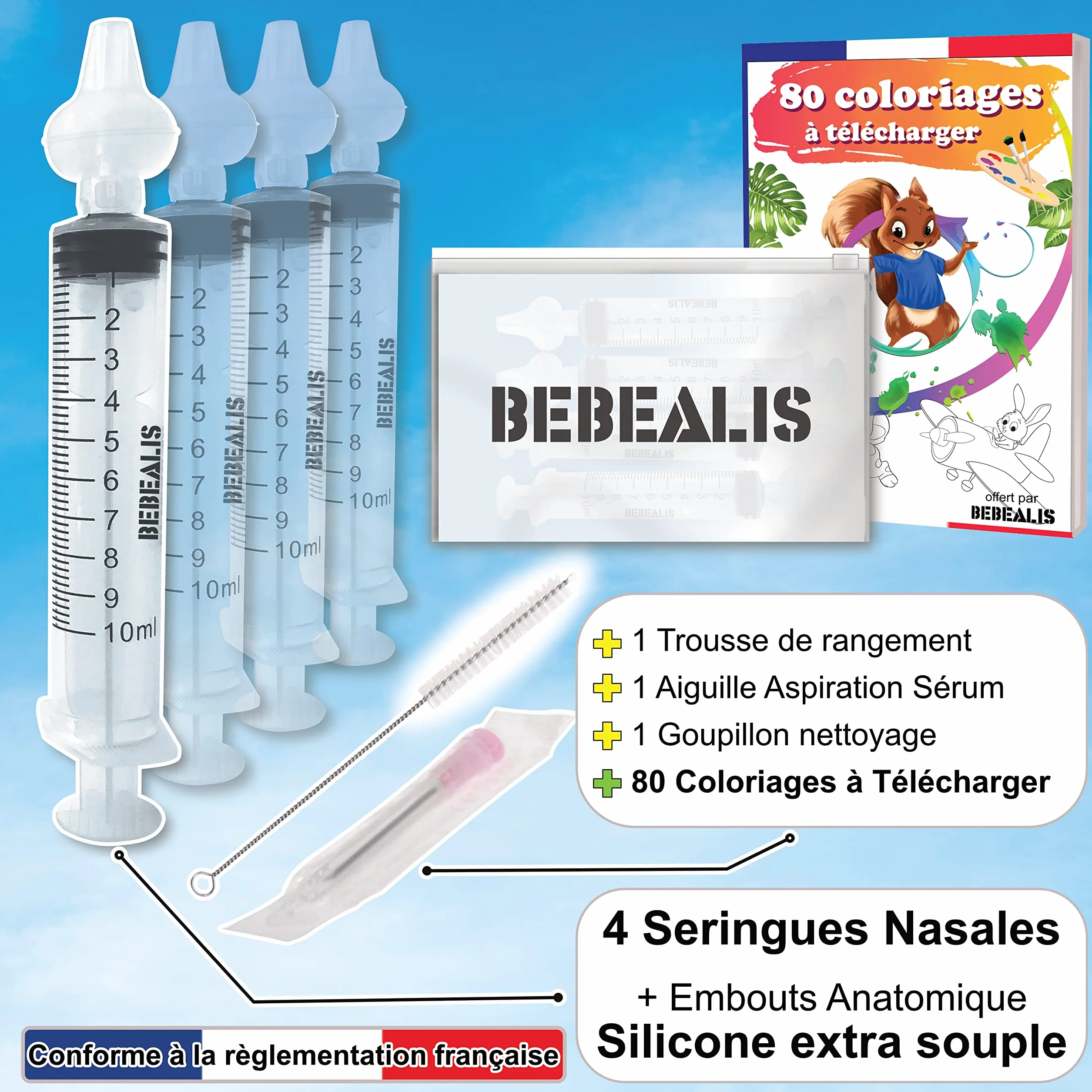Mouche Bebe Seringue Nasale Bébé Normes NF Embouts Silicone Pointe Pipette Trousse Soin Irrigateur Nez Enfant Nourrisson Pack x4