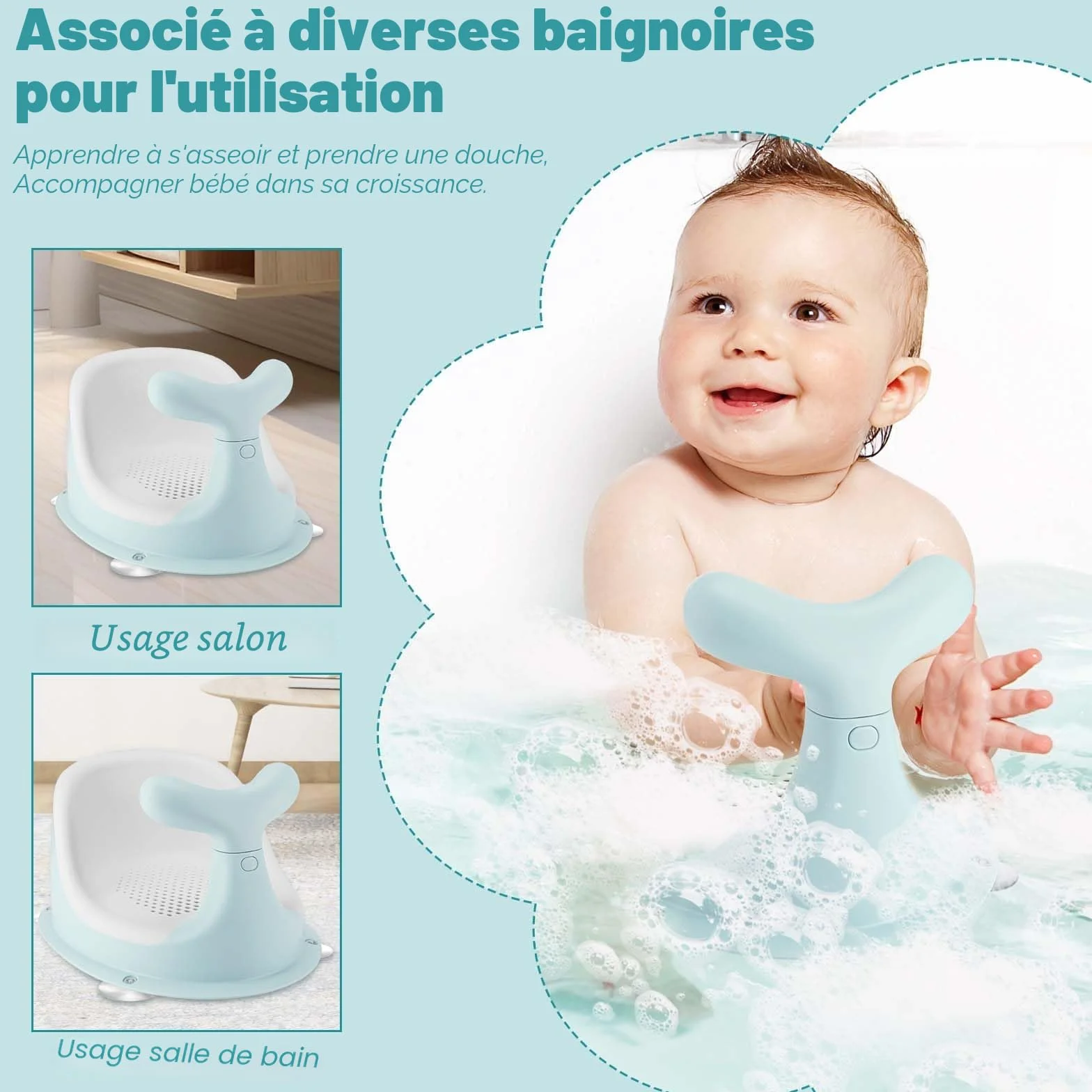 Chaise de Douche pour bébé, forme baleine, coussin silicone respirant, dossier ergonomique, 4 ventouses antidérapantes, 6 mois+ (vert)