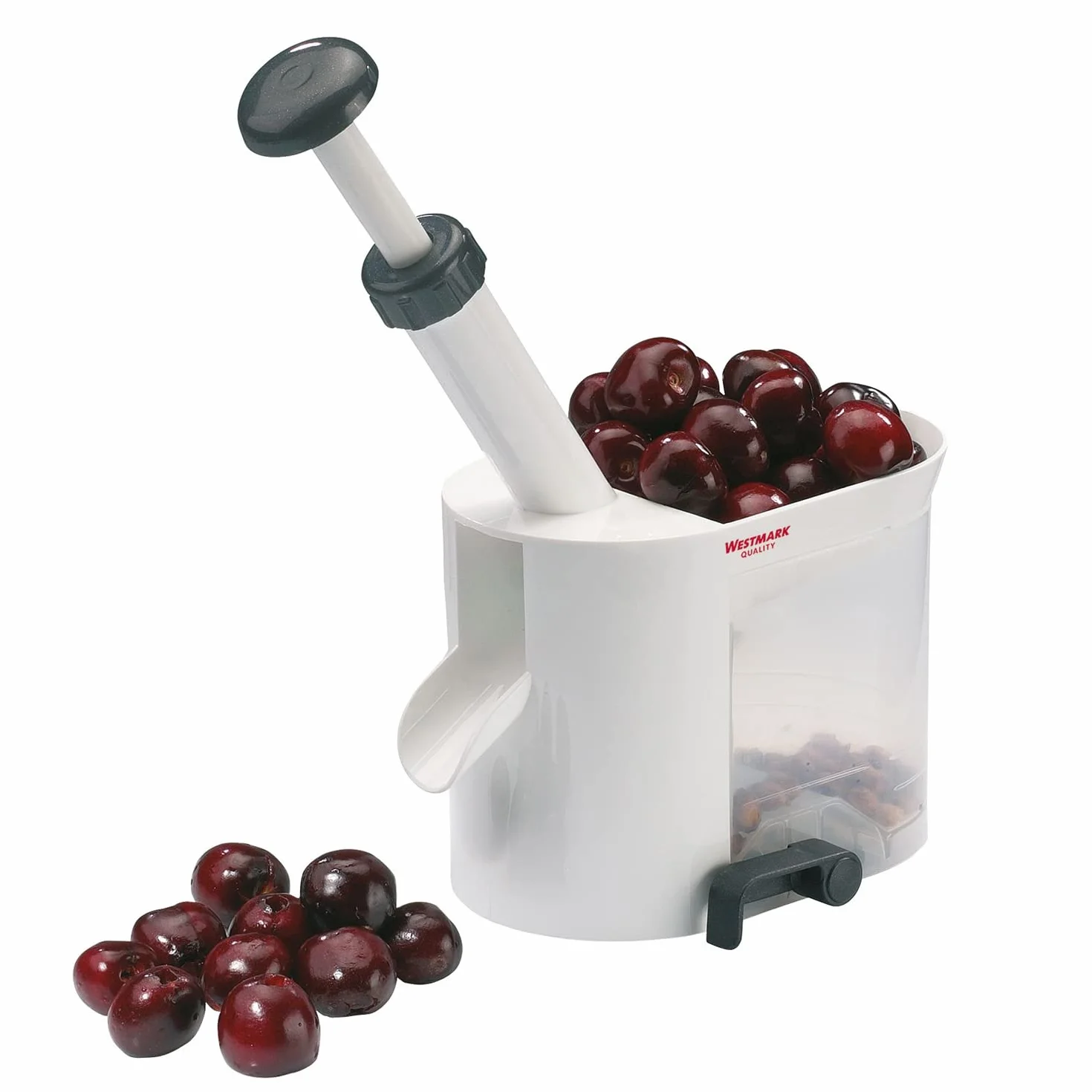 Westmark Dénoyauteur à Cerises avec Goulotte et Caissette à Noyaux Plastique Acier Inoxydable Blanc Anthracite