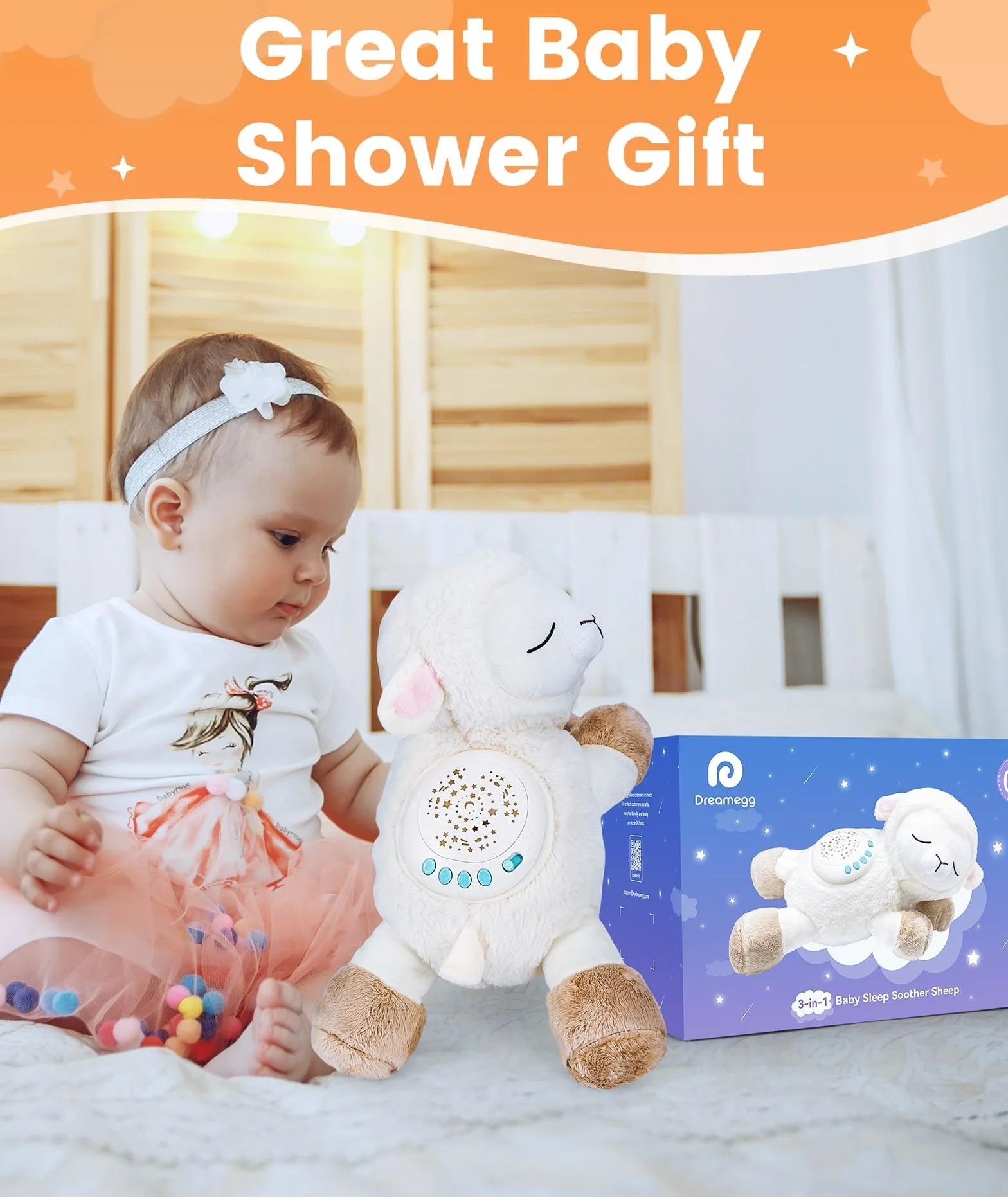Dreamegg 3-en-1 Jouet Peluche Musical Mouton pour Bébé Sommeil, Veilleuse Bruit Blanc 7 Sons Apaisants, Projecteur Starlight 3 Modèles