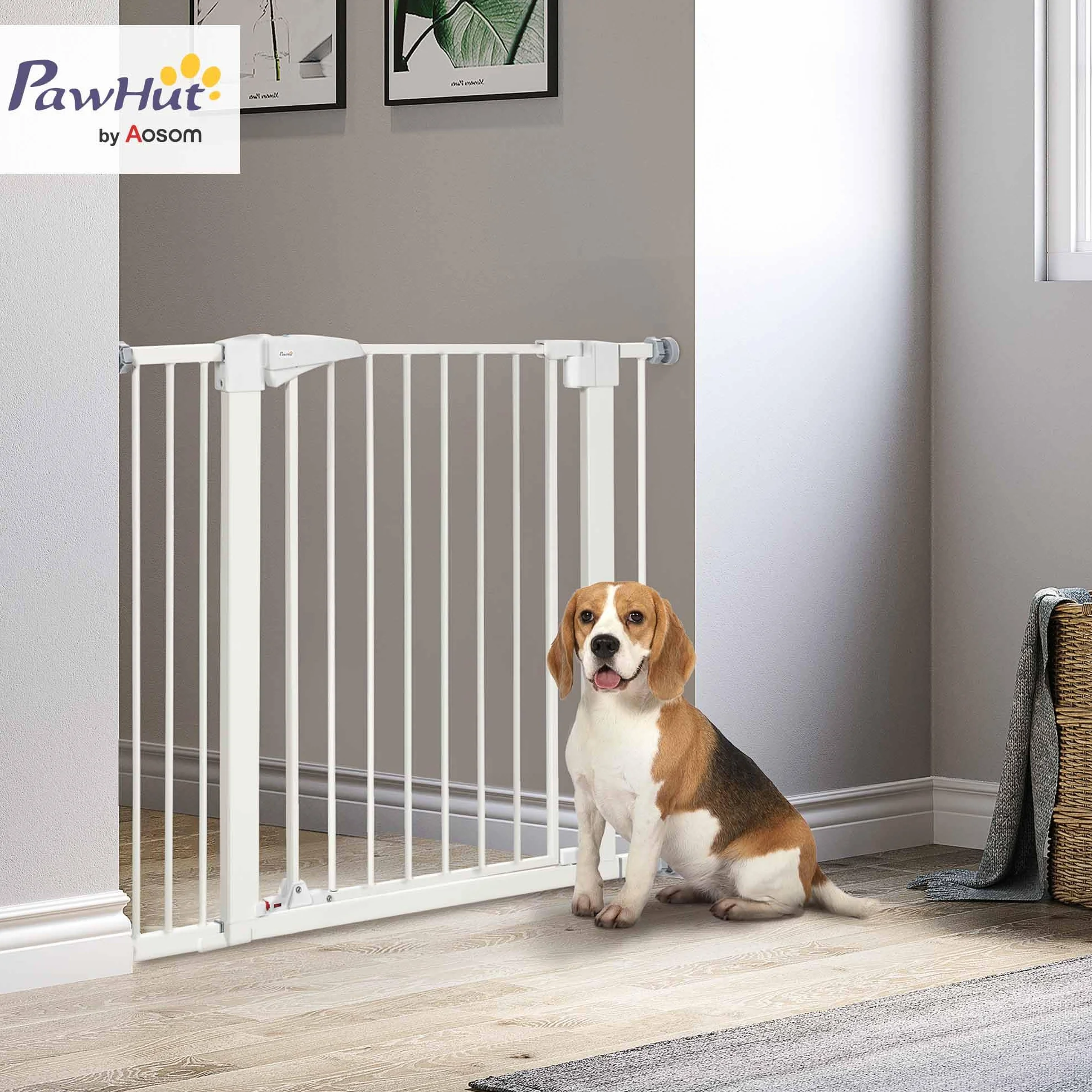 PawHut Barrière de sécurité pour Chien Extensible 76-103 cm, Hauteur 77 cm, sans perçage, Double Verrouillage, Blanc