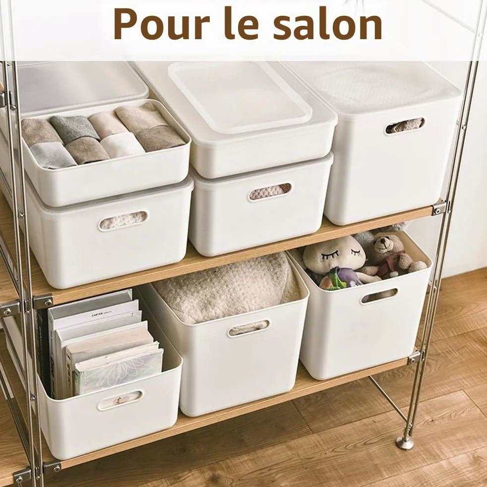 Lot de 8 boîtes de rangement avec 4 couvercles, panier rangement plastique | rangement avec poignées, boîtes de rangement multifonctionnelles pour cuisine, bureau, placard, salle de bain, jouets