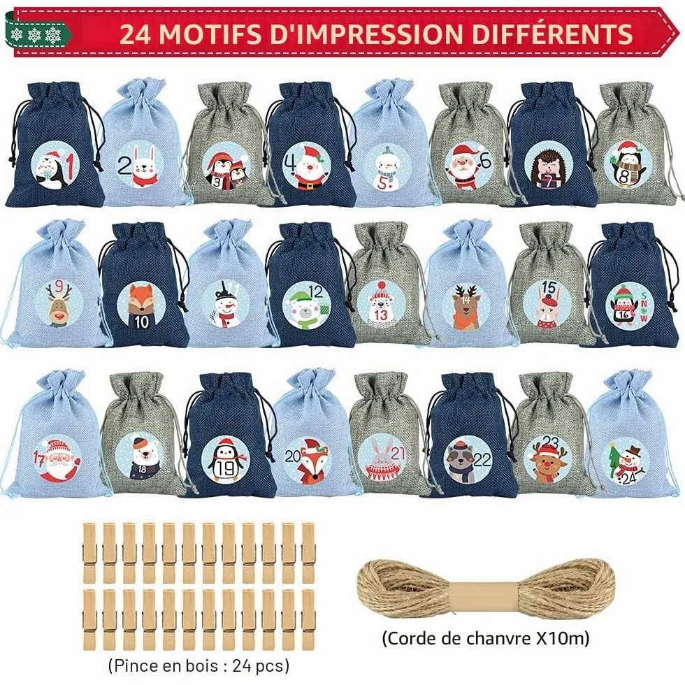 Calendrier de l'Avent à Remplir Sac en Tissu Jute, Sacs Surprise de Noël