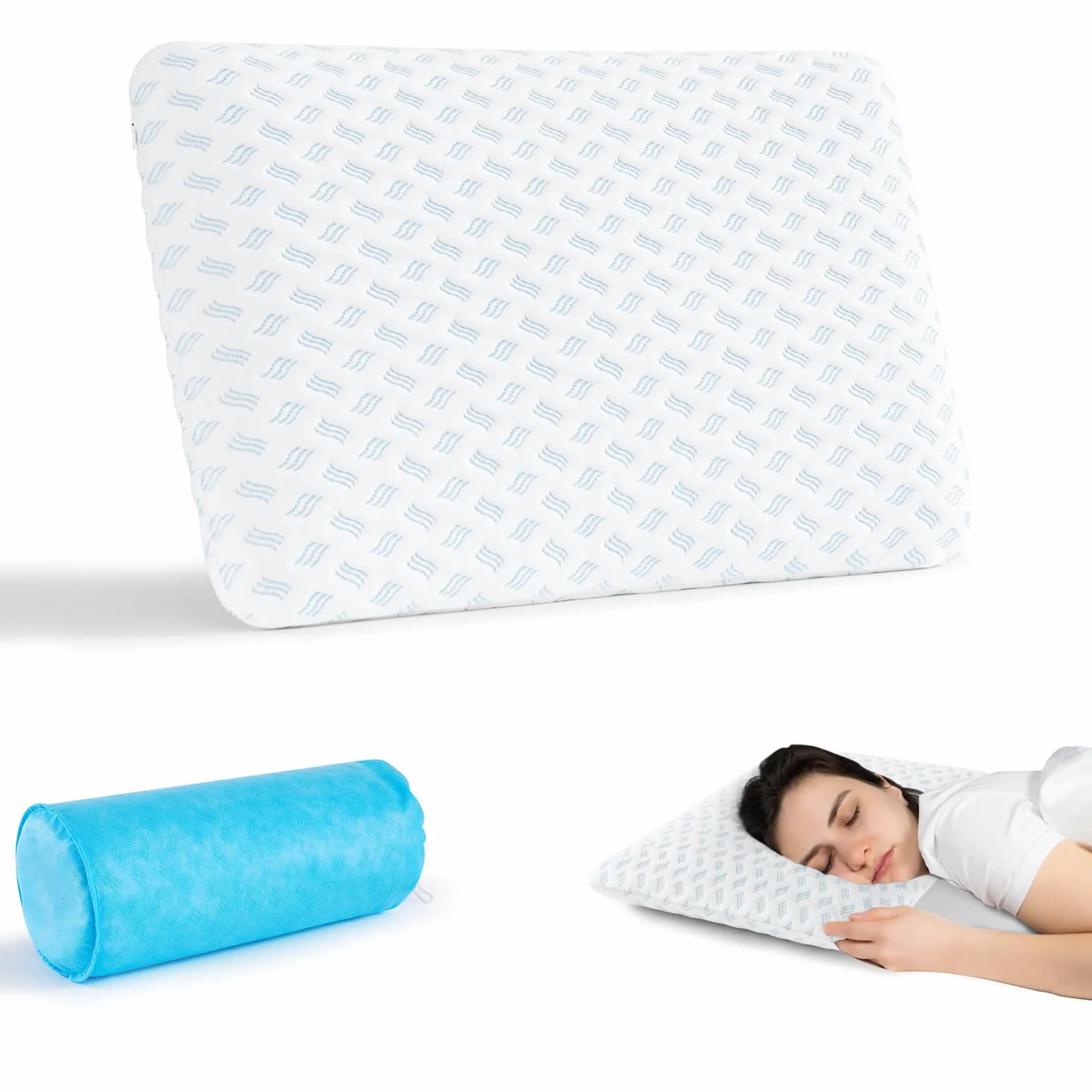 Oreiller en mousse à mémoire de forme, super fin, 40 x 60 x 7 cm, doux pour un sommeil réparateur, avec sac pour les voyages, le yoga, la méditation, avec housse lavable