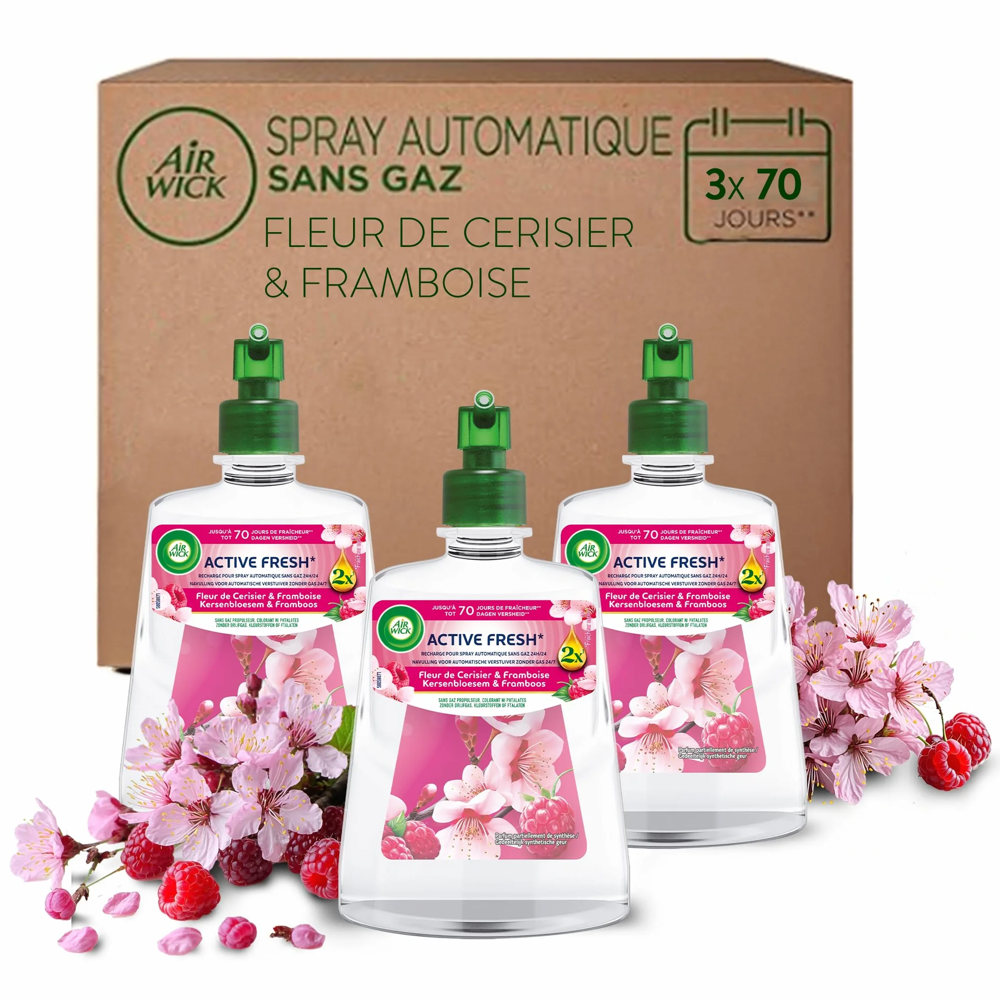 Air Wick Désodorisant Maison Spray Automatique Active Fresh 3 Recharges Fleur de Cerisier & Framboise