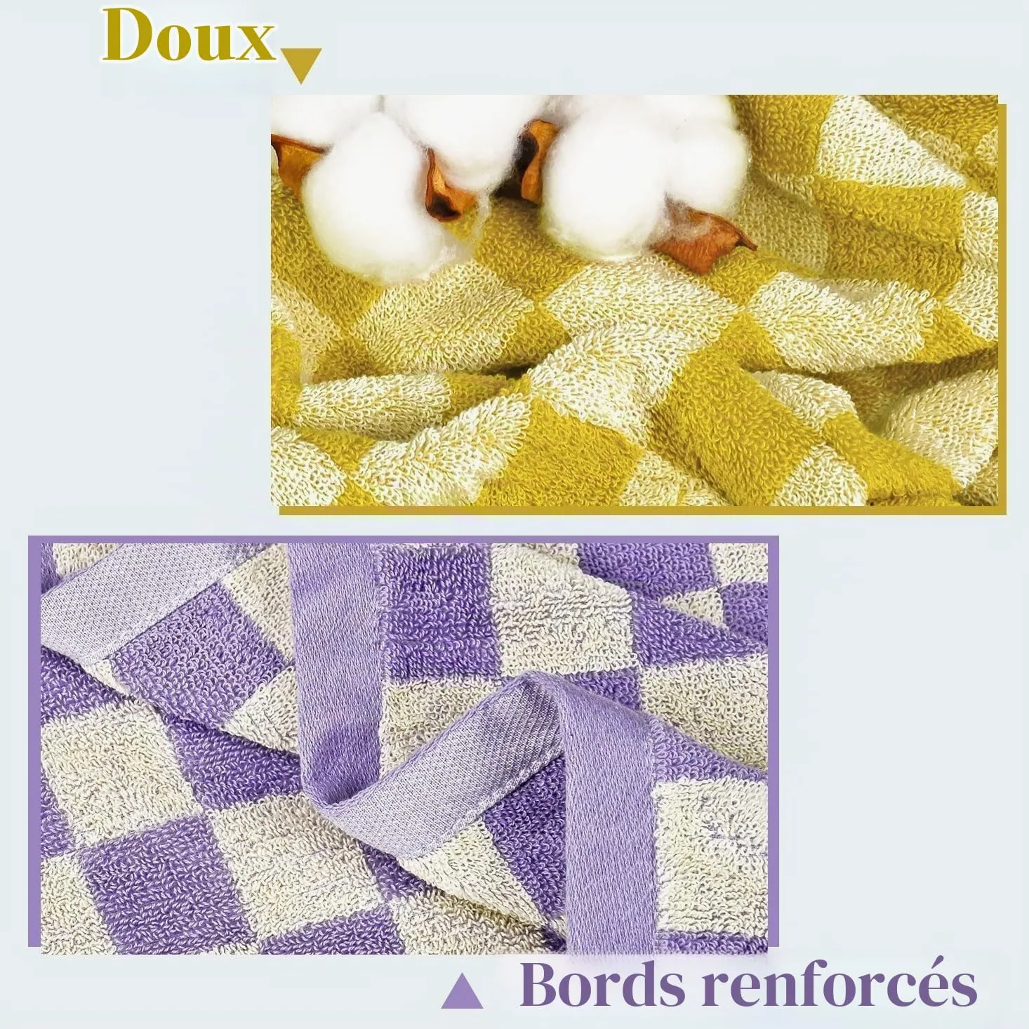 Jacquotha Lot de 2 grandes serviettes de bain à carreaux jaunes et lilas, douces et colorées, pour salle de bain, spa, grandes serviettes de douche de 140 x 69,8 cm, fines à séchage rapide pour plage,