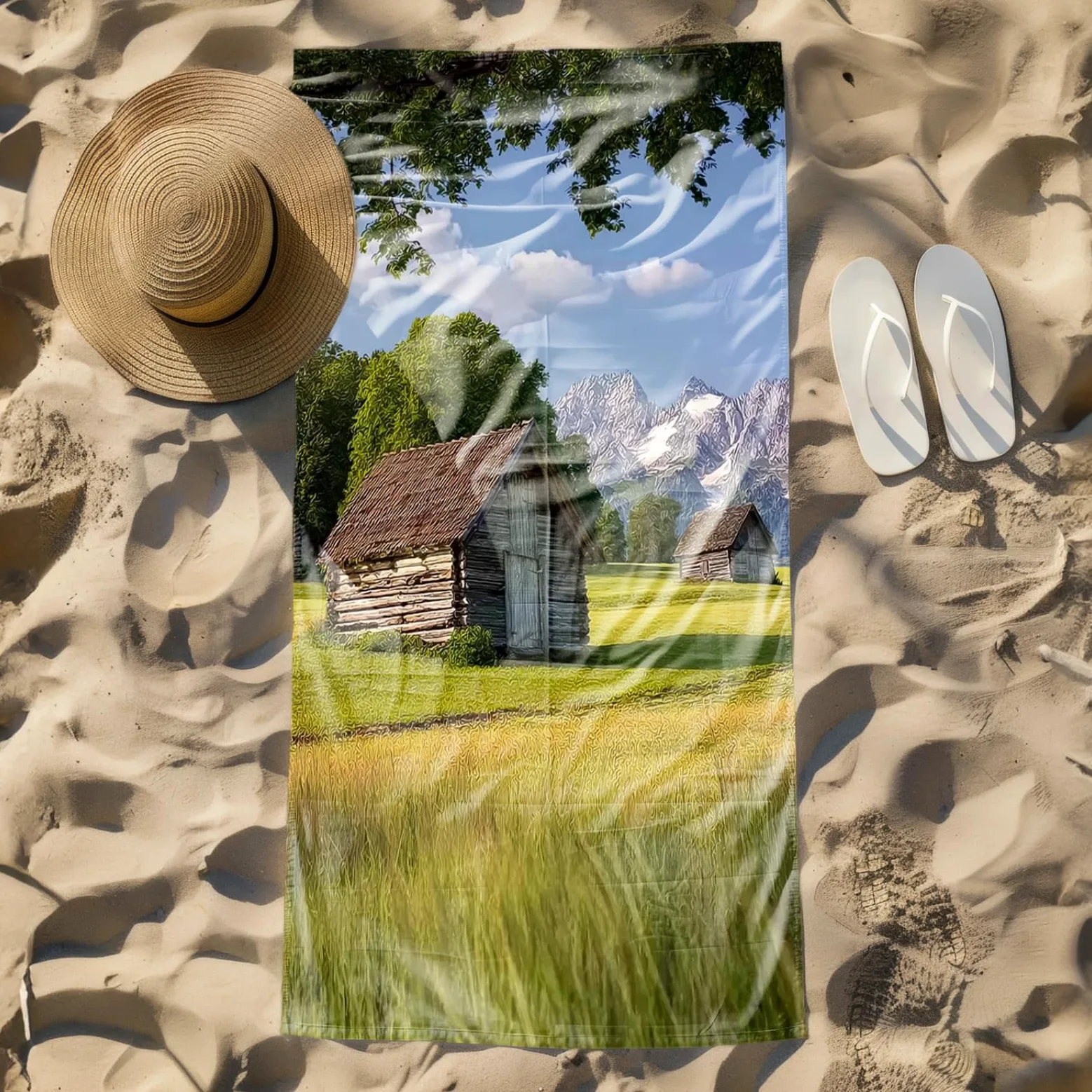 Tapis de Plage XXL Anti Sable Maison en Bois Brown Serviette Piscine Adulte,Natte De Plage Pliable, Voyage Accessoires De Plage Camping,Serviette de Bain Personnalisée