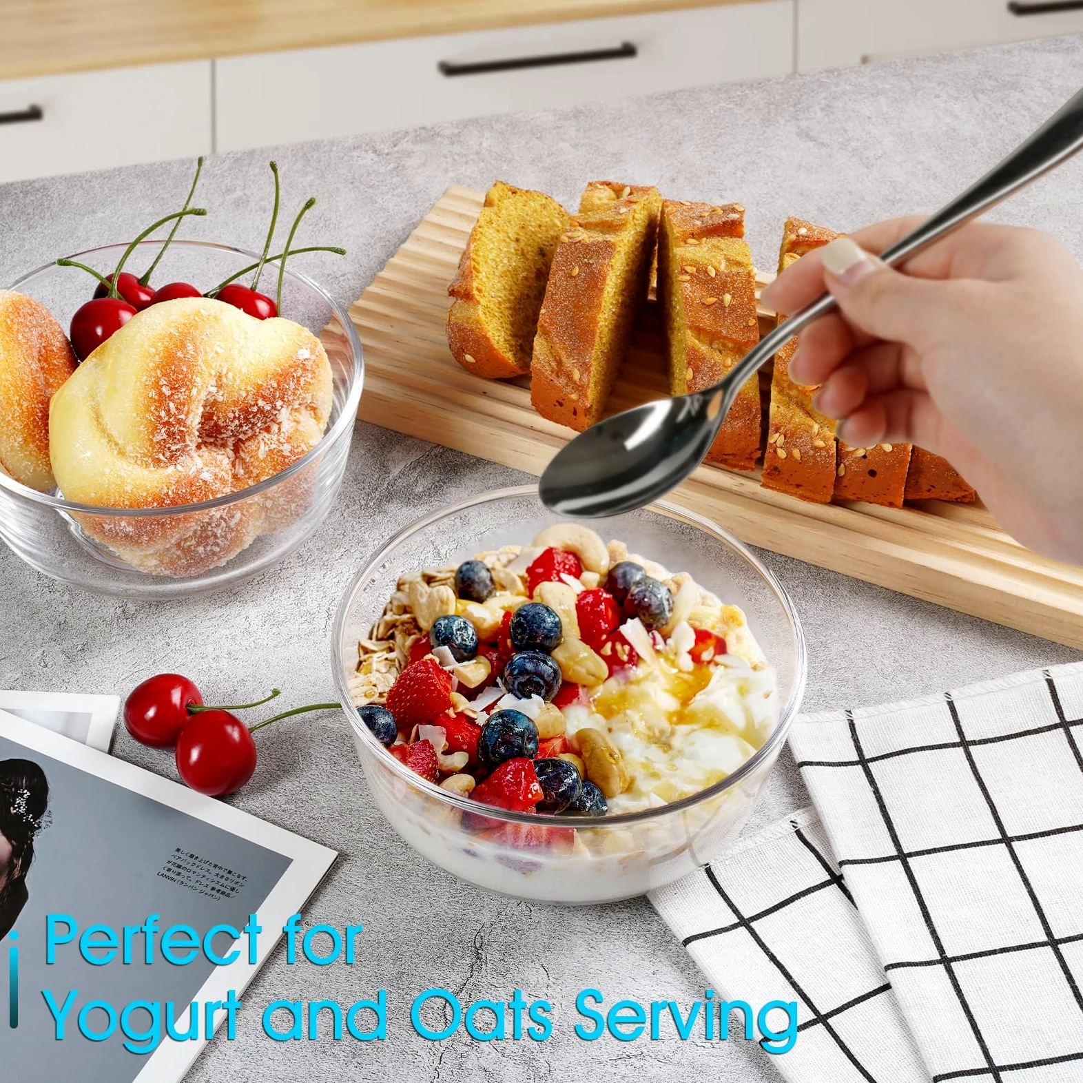 NUTRIUPS Lot de 4 petits bols à dessert en verre de 14,5 cm, petits bols à dessert en verre transparent de 590 ml pour la cuisine