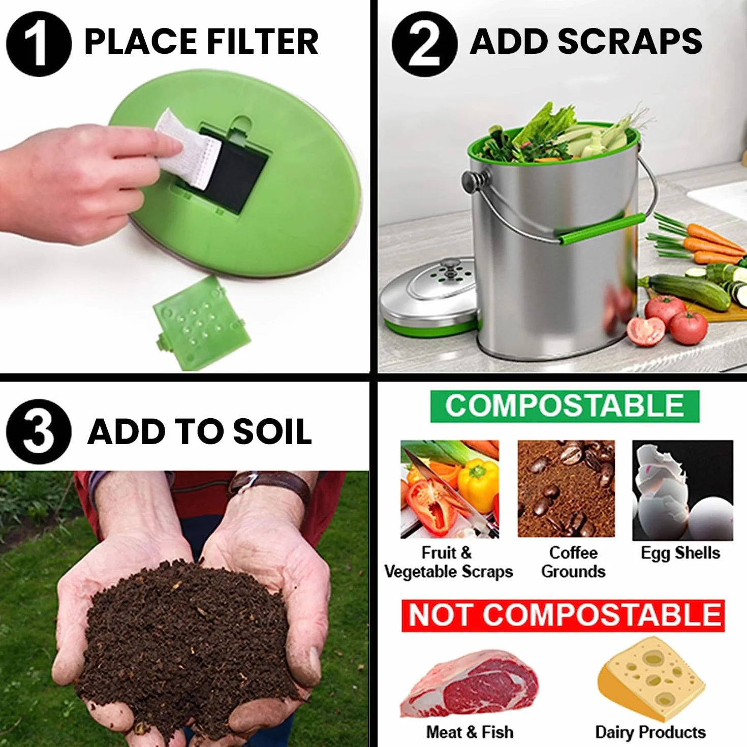 iTouchless poubelle à compost en acier inoxydable 1.6 gallon avec système de filtre à odeurs AbsorbX, poubelle de comptoir de cuisine de 6 litres de forme ovale mince et antirouille en titane