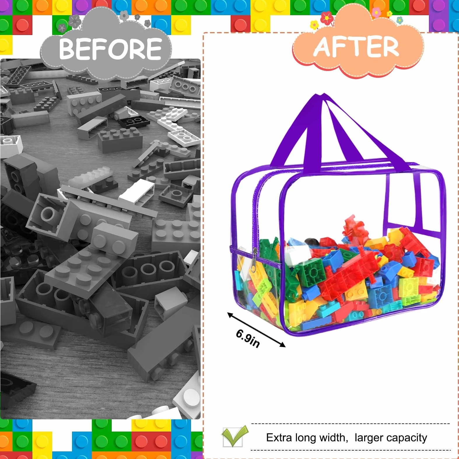 Sacs de rangement larges de 6 couleurs, 32,6 x 23,3 x 17 cm avec étiquettes, réutilisables en PVC transparent, sacs de rangement de jeux de société, sacs de voyage imperméables avec fermeture éclair