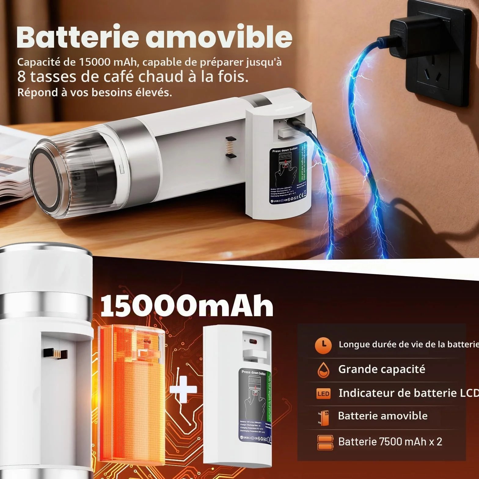 Cafetière Portable 3 en 1,Machine à Café à Capsules Expresso Cafetière Rechargeable avec Batterie 2×7500 mAh,compatible avec Capsules Ness-preso, Dolce-Gusto,pour Camping,Bureau,Voyage