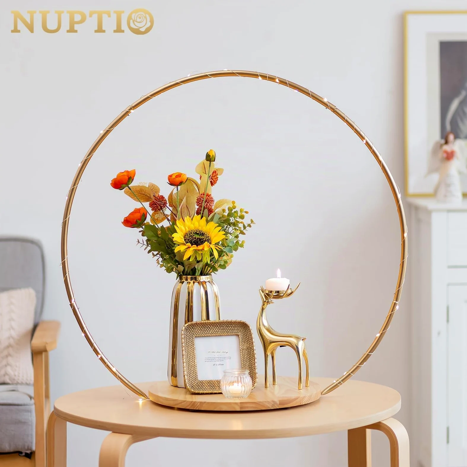 NUPTIO Support Gateau Presentoir avec Piedestal Rond Bois, 36cm | avec Metal Ring, pour Mariage Anniversaire, Fête, Douche de Bébé, Noël