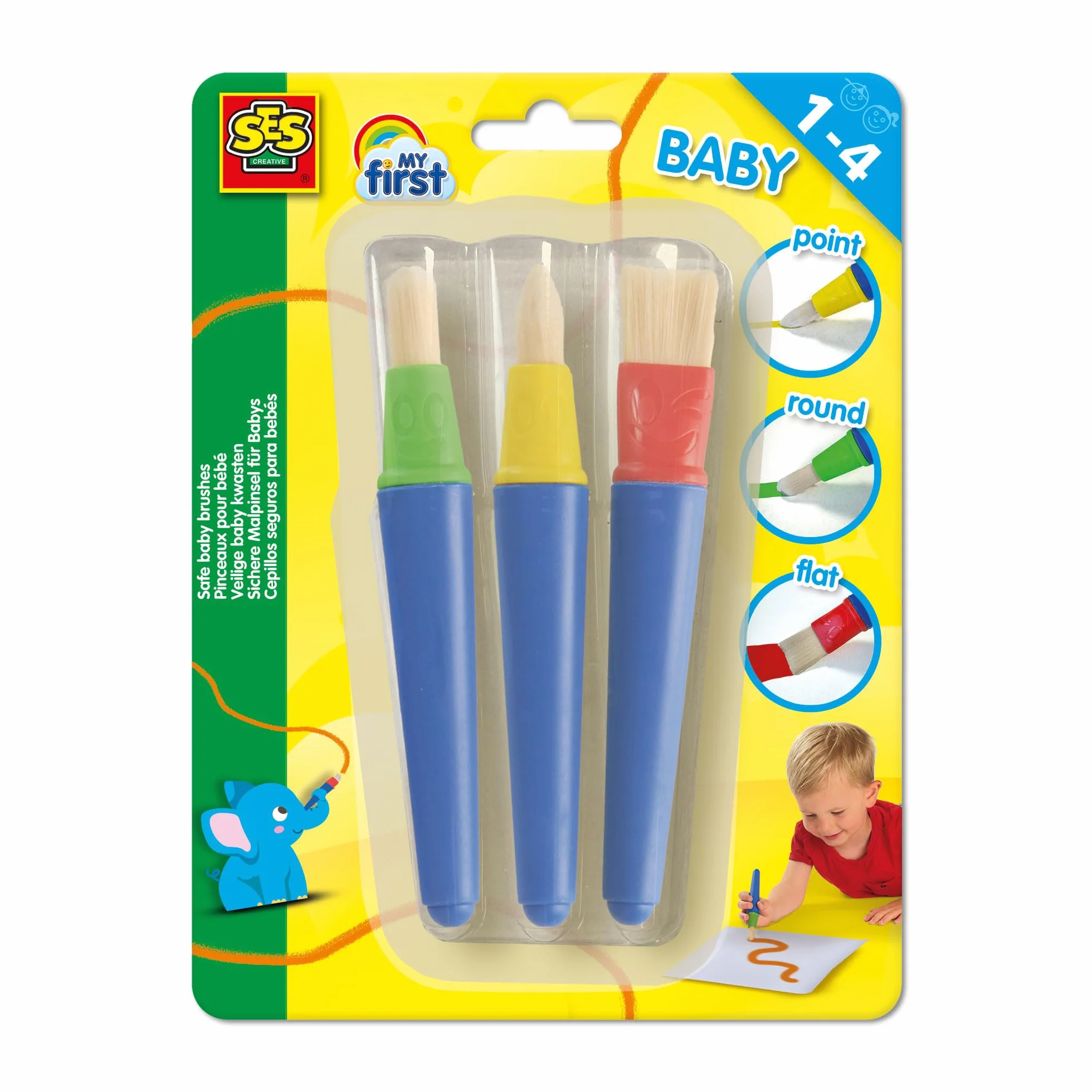 Ses Creative 14440 Mon Premier 3 Pinceaux Sécurisés pour Bébés en Plastique Plat, Rond et Pointu