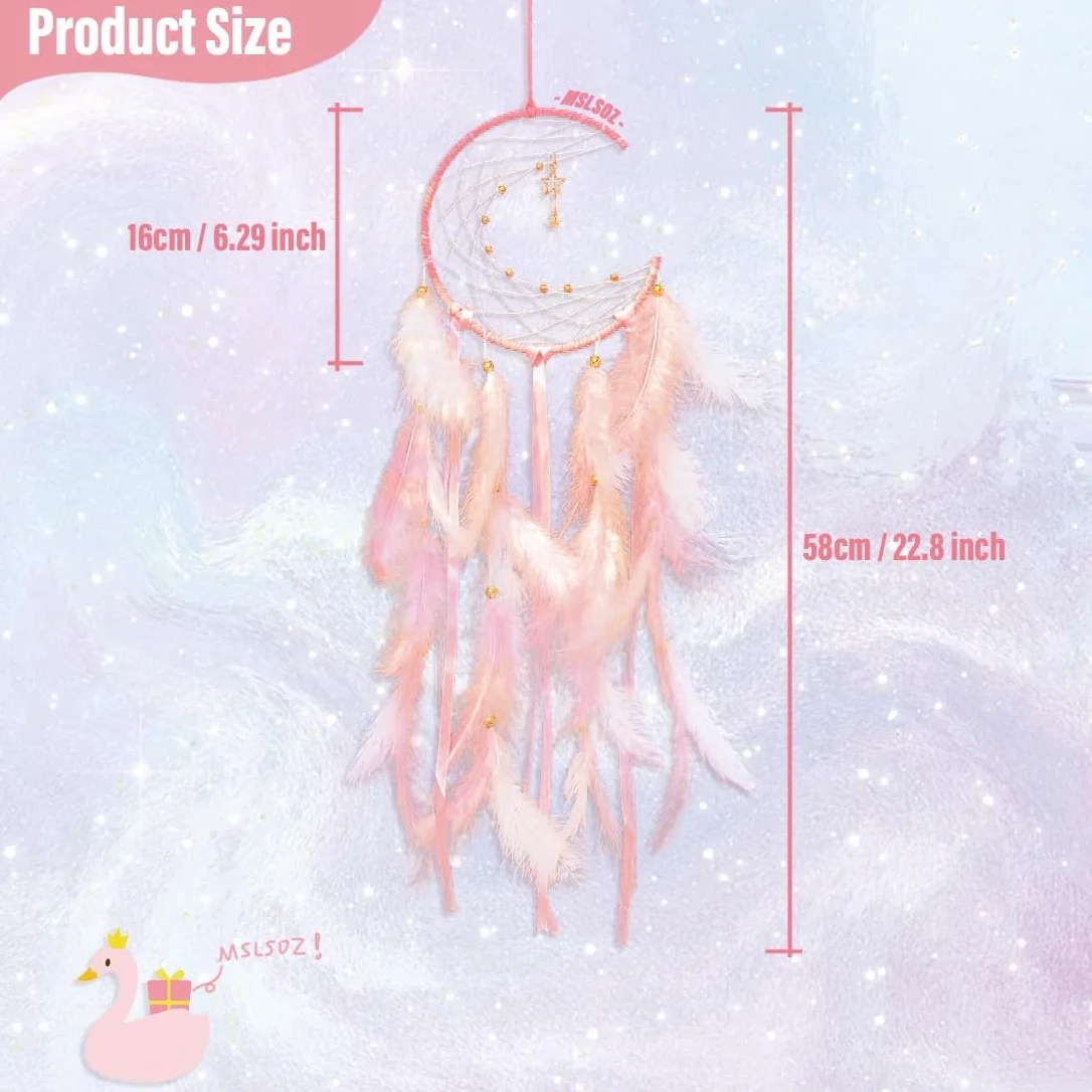 Attrape-rêves en forme de lune rose avec pendentifs étoile et pompons plumes 2 couleurs