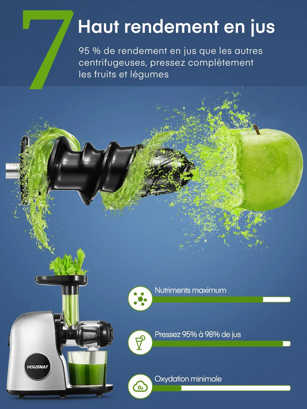 Extracteur de Jus de Fruits et Légumes, Slow Juicer Nutriments Maximaux 90% Pureté, Fonction Inverse