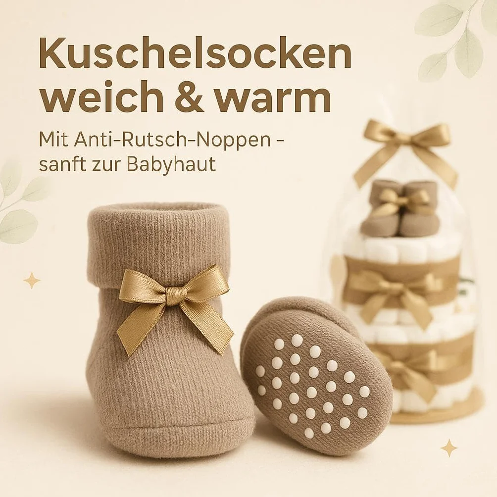 Gâteau de couches neutre Boho Vintage fait à la main pour fille et garçon avec chaussettes, cuillère, couches qualité supérieure et thé bio