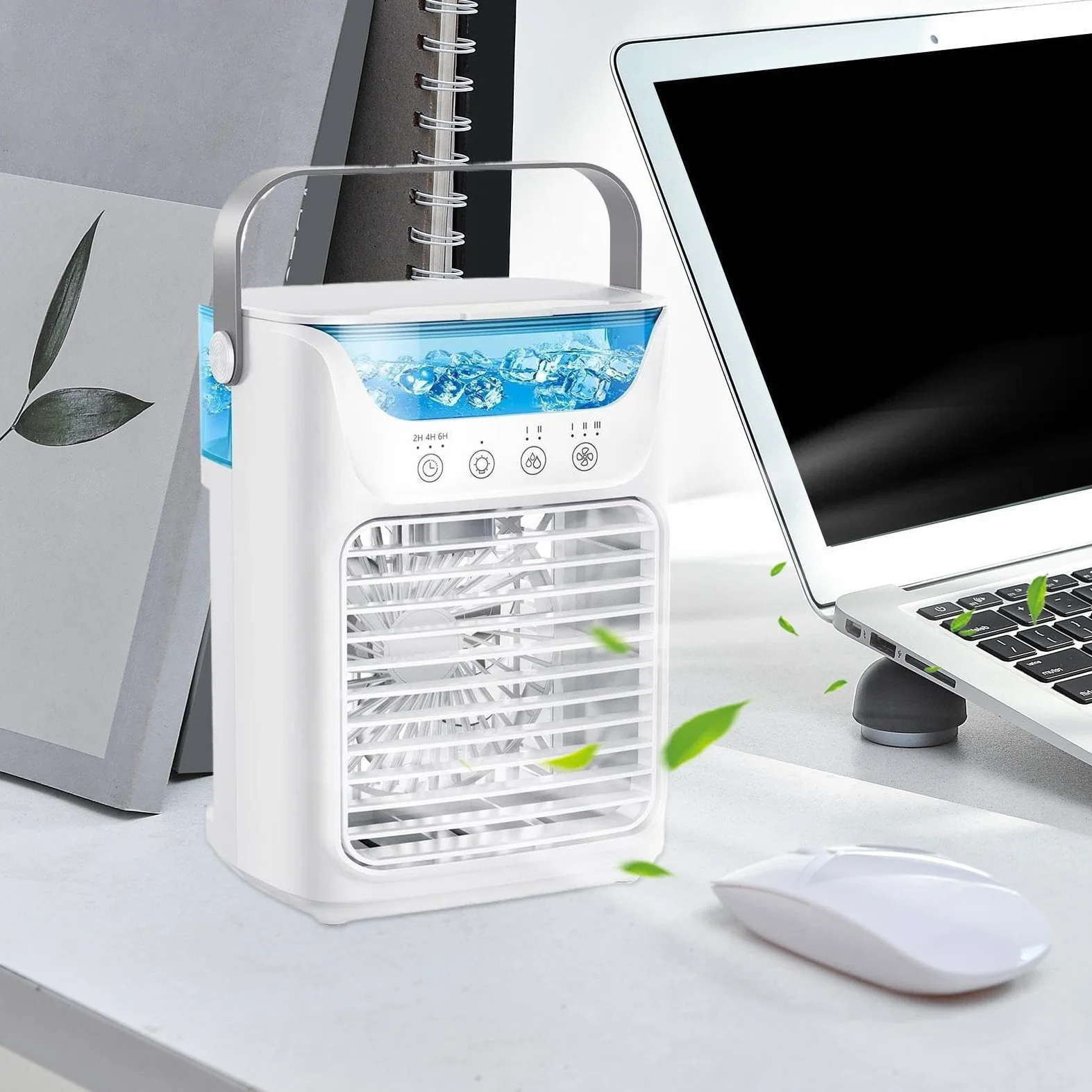 Ventilateur de climatisation portable, refroidisseur d'eau brumisée, 20,3 x 16,5 cm, 3 vitesses, design compact et rechargeable, dispositif de brumisation personnel pour bureau, table de chevet
