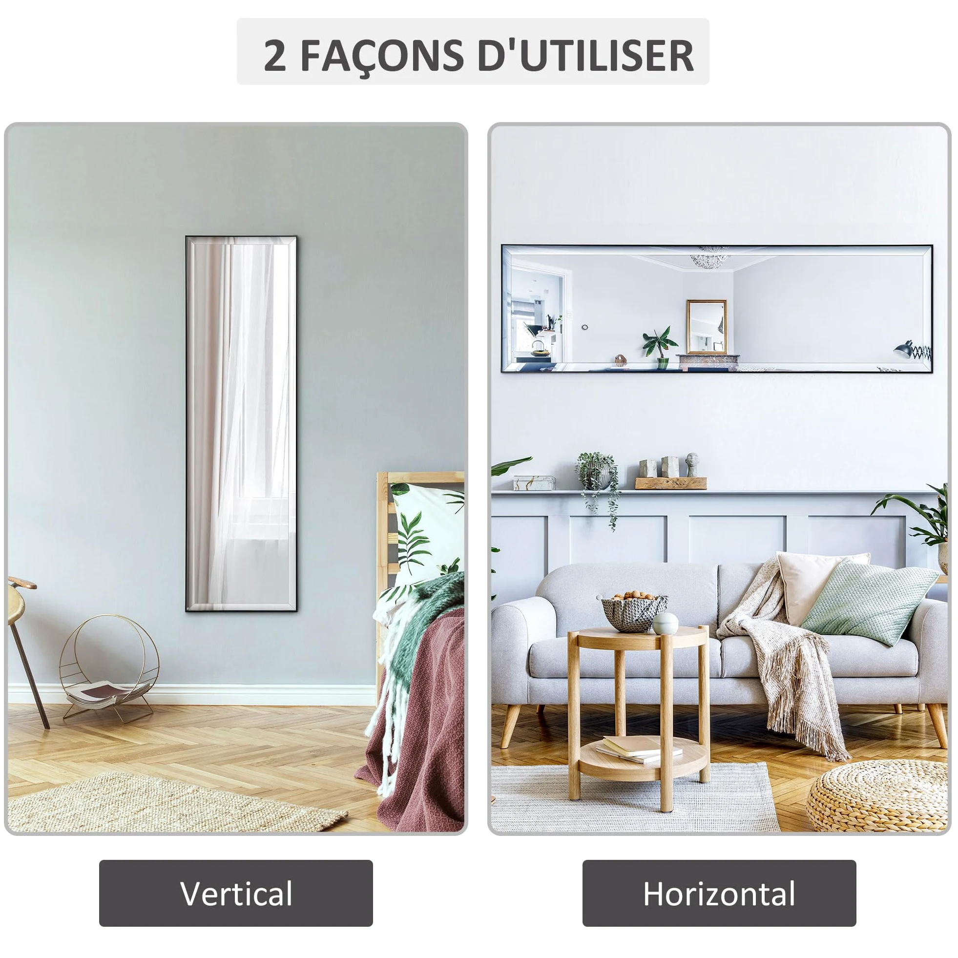 HOMCOM Miroir Mural Film Sécurité Anti Déflagrant 120L x 35l cm Noir | Système Attache Inclus, Cadre Alliage Alu.