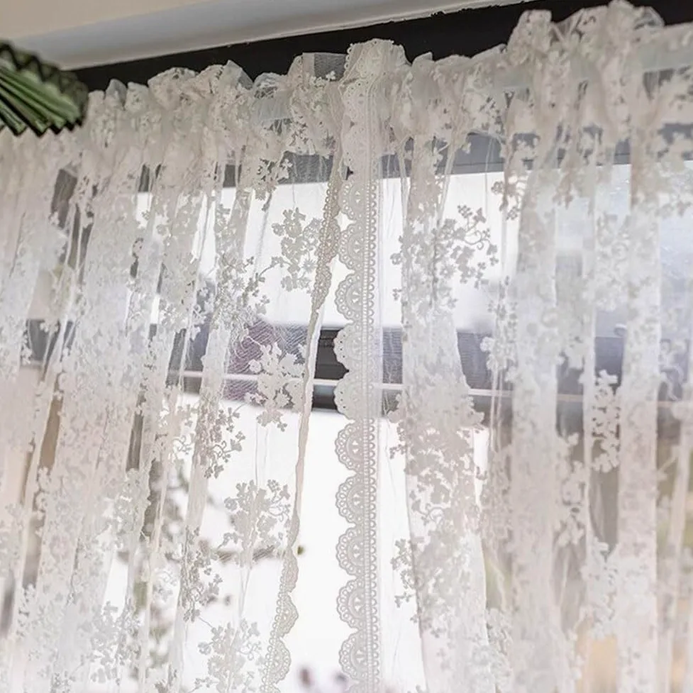 Rideaux en Dentelle Brodés Blancs de 130-270 cm de Long, Élégants Rideau Fenêtre en Voile Transparent Floral Rustique Passe-Tringle pour Salon(WxH130x150cm/51x59inch)
