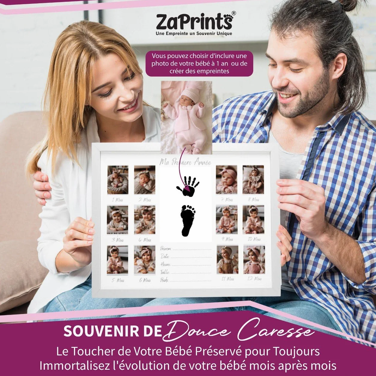Cadre Photo Souvenir Première Année Bébé 12 Photos Pêle Mêle Kit Empreinte Bébé Cadeau Naissance Personnalisé