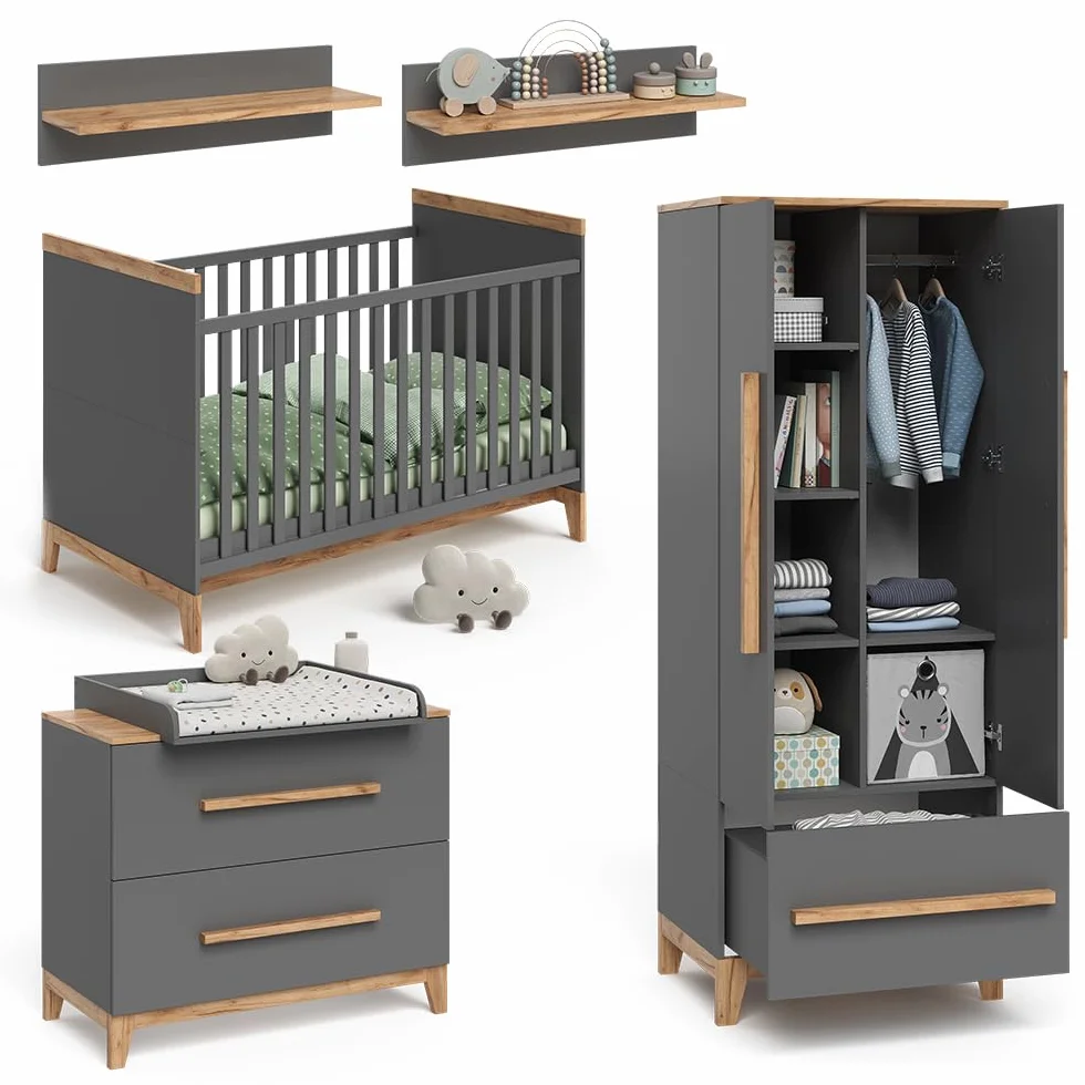 VitaliSpa Set de Chambre d'enfant Malia, Gris/chêne, Lot de 4