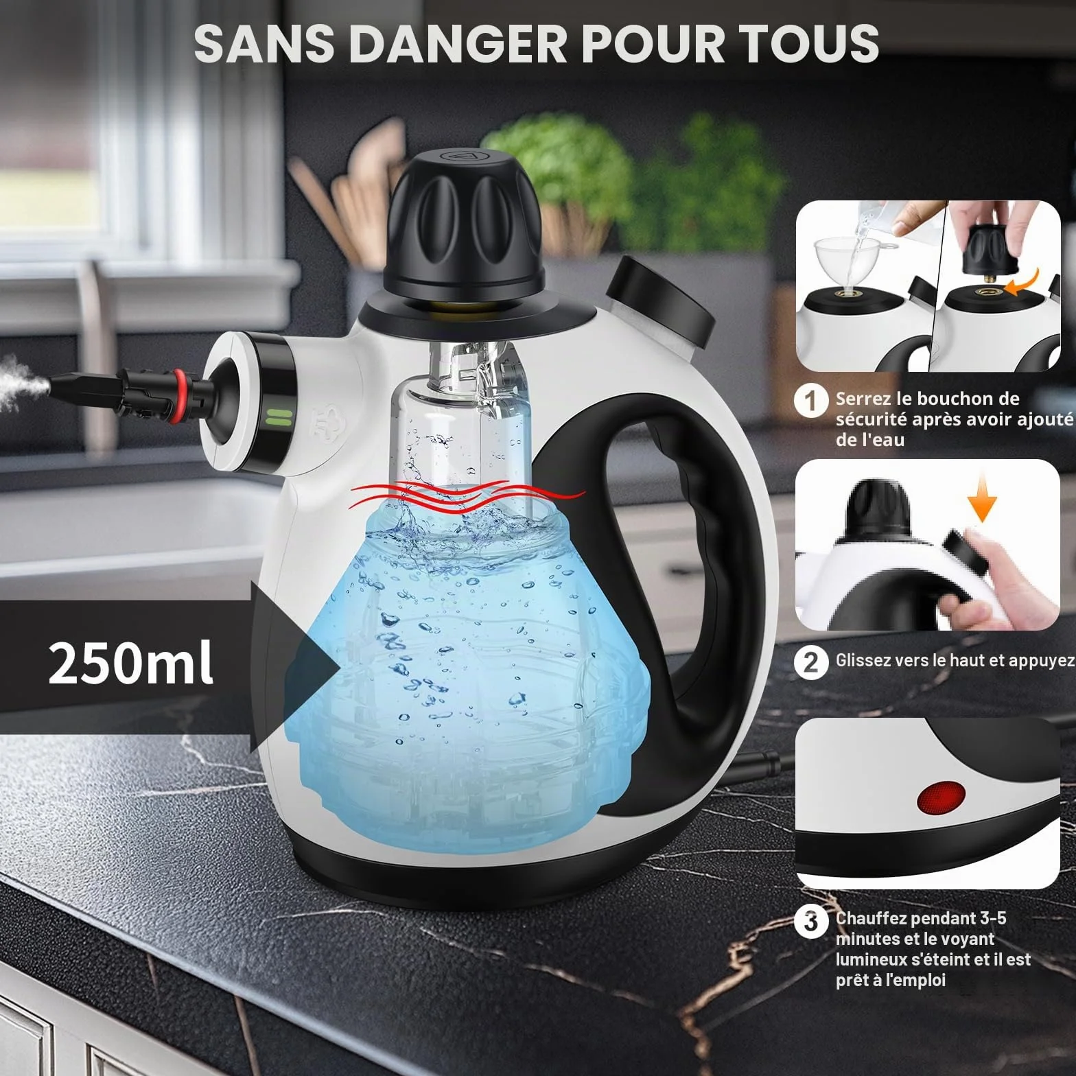 Nettoyeur Vapeur Portable avec Verrouillage de Sécurité et 14 Accessoires, Polyvalent pour Salle de Bain, Fenêtres, Cuisine (Noir&Blanc)