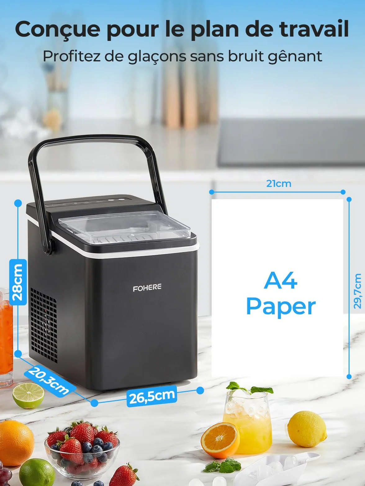 FOHERE Machine à Glaçons Portable, 14kg/24h, 9 Glaçons Bullet en 5 Min, 2 Tailles, Auto-Nettoyante