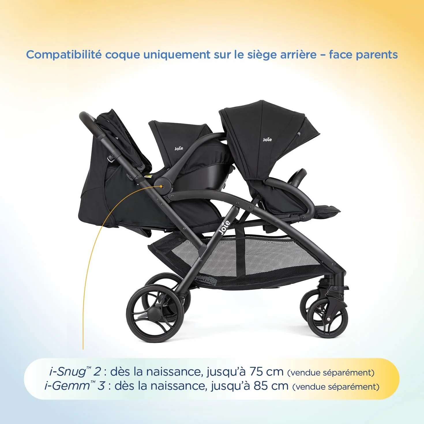 Joie EVALITE DUO Poussette Double Légère Naissance à 15 kg Pliage Compact 1 Main Compatible Coque Siège Arrière Ultra Légère 10,5 kg Grand Panier Habillage pluie inclus Shale