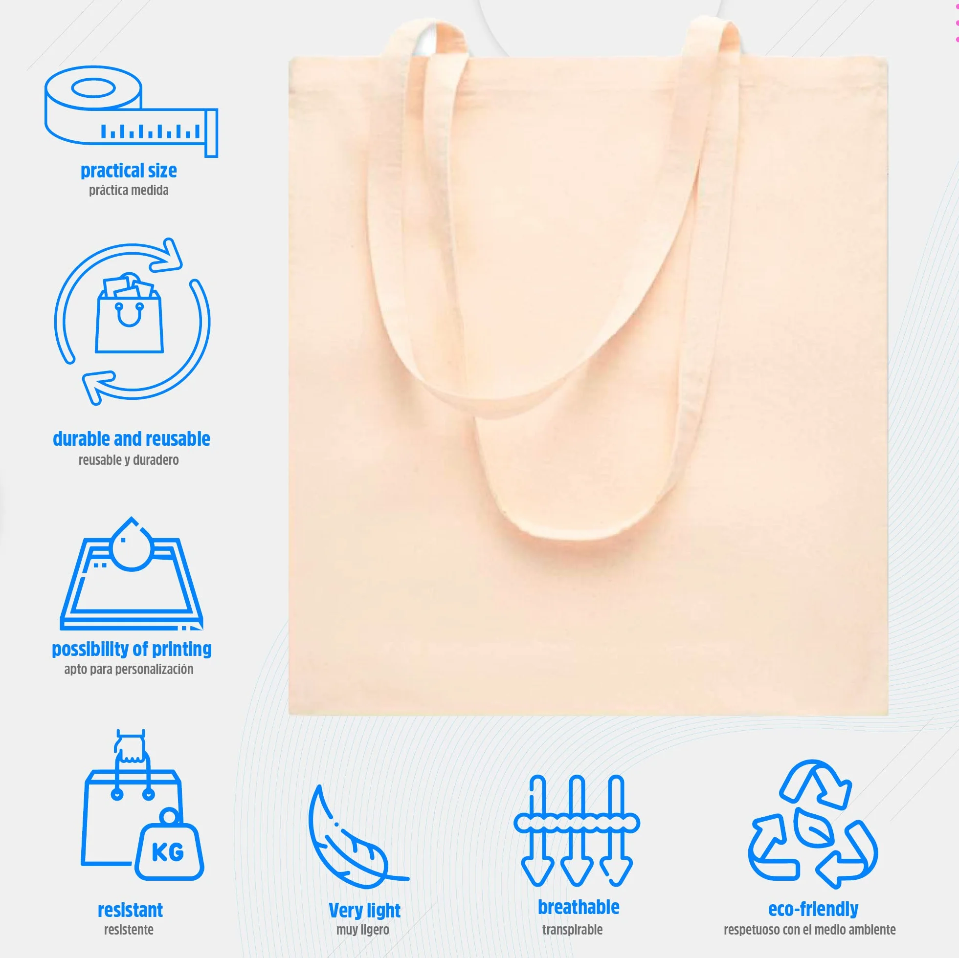 Sac en coton réutilisable à longues anses, cabas en tissu pour courses